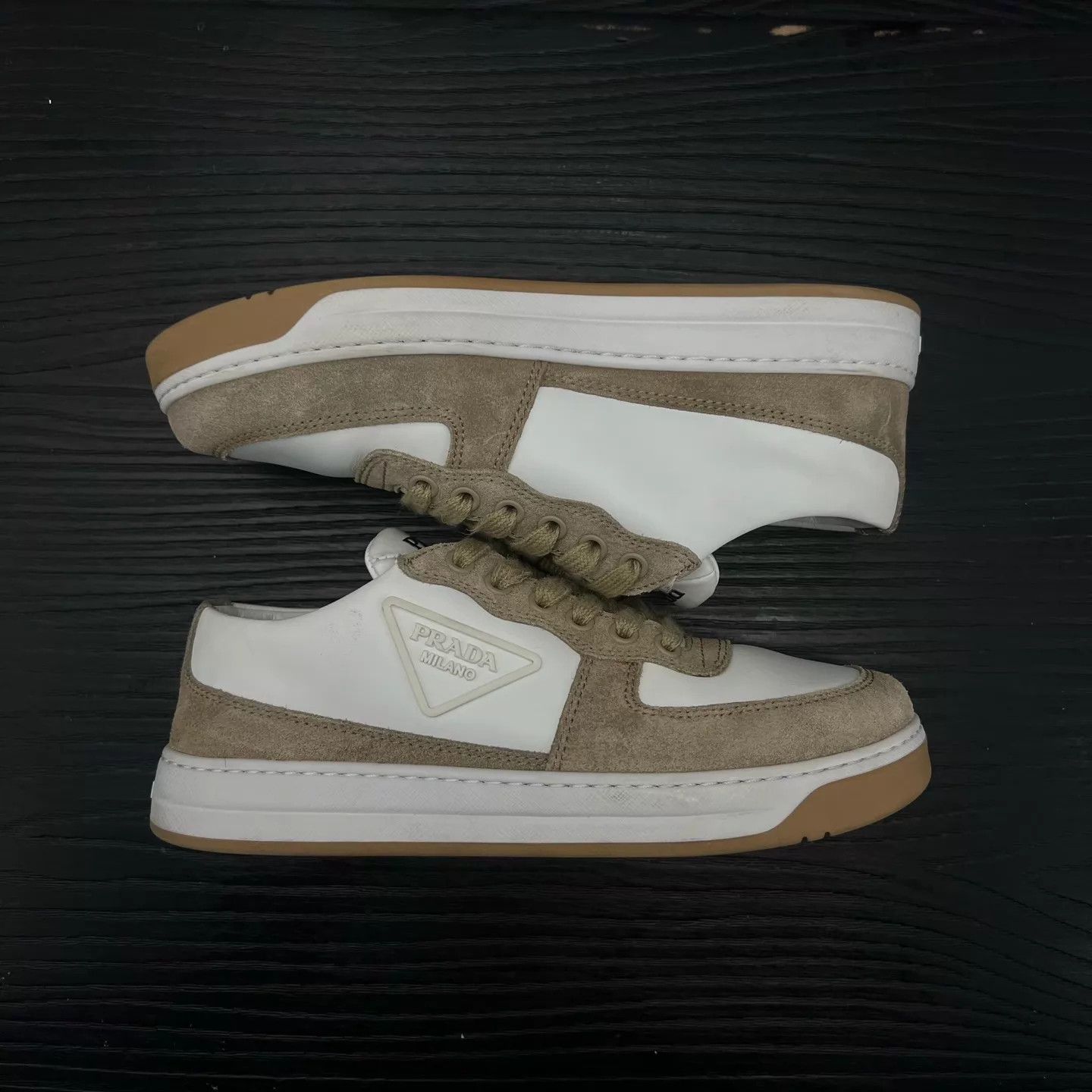 Prada PRADA Women's Triangle Logo White & Brown Sneakers Size US 4.5 / IT 34.5 - 3 Thumbnail