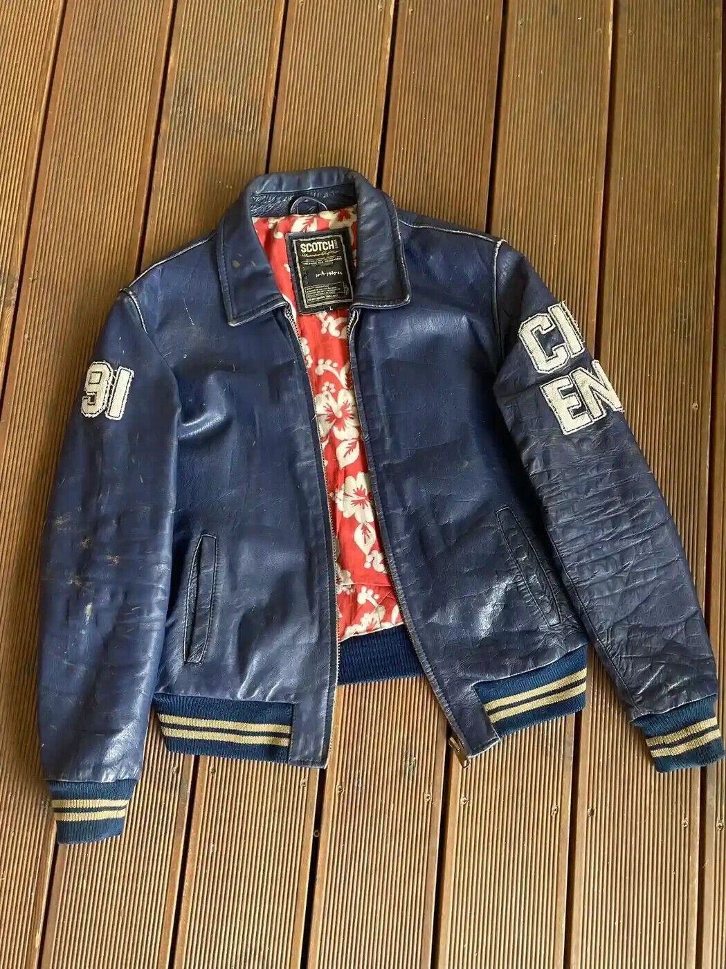 image of Leather Jacket x Scotch Soda Varsity Blue Leather Jaket By Scotch&soda L Georgebrown (Size Large)