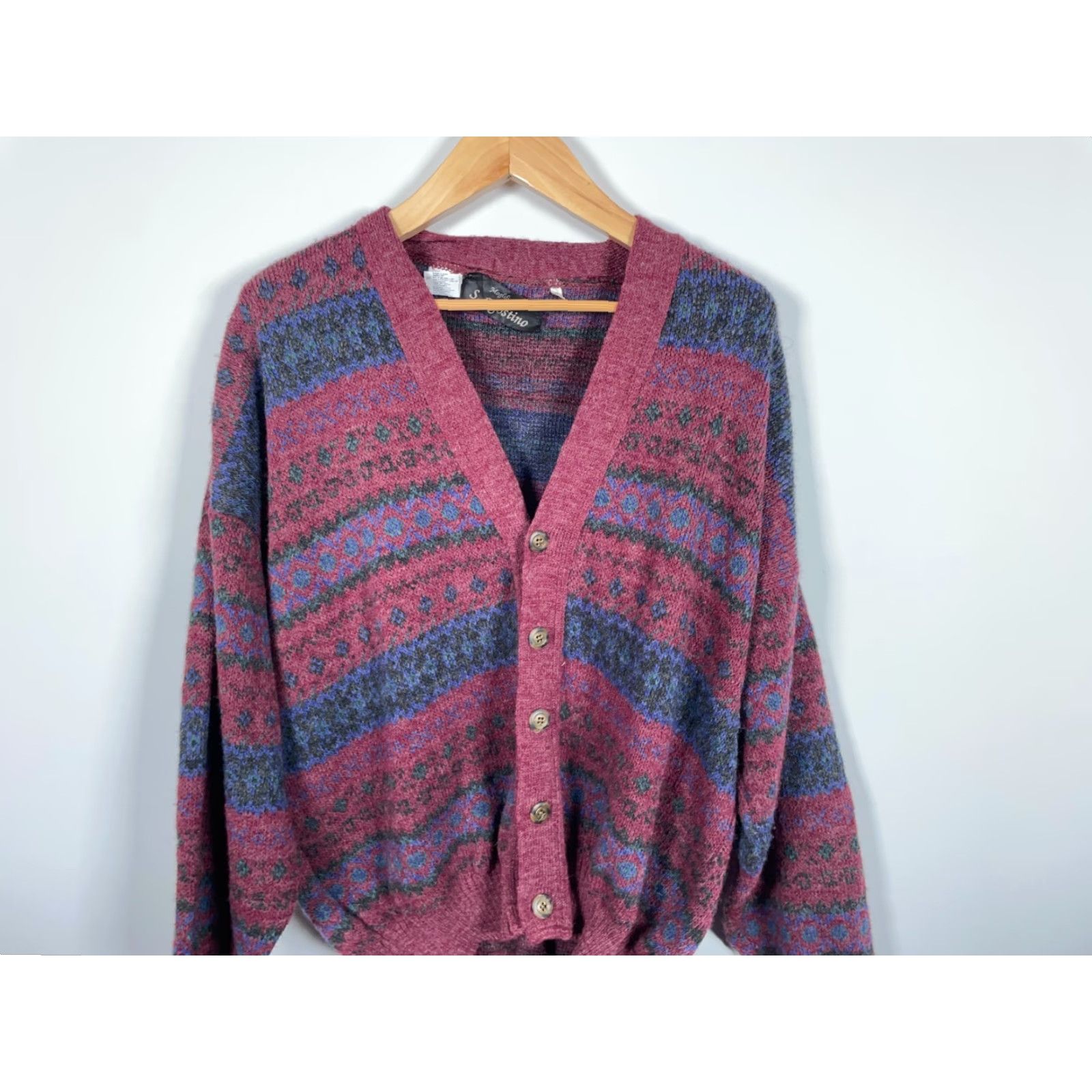 Vintage VINTAGE S. Agostino Cardigan Sweater Men's Large L Red Blue Fair Isle Knit Wool Acrylic V-Neck Casual 90s Retro Size US L / EU 52-54 / 3 - 4 Thumbnail