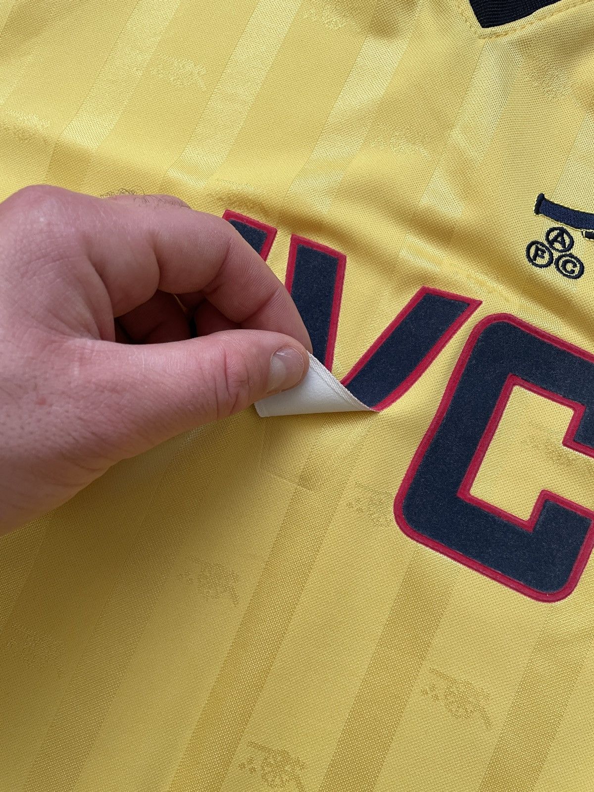 Vintage Arsenal JVC 1988-1989 Away Score Draw Yellow jersey t shirt Size US L / EU 52-54 / 3 - 6 Thumbnail