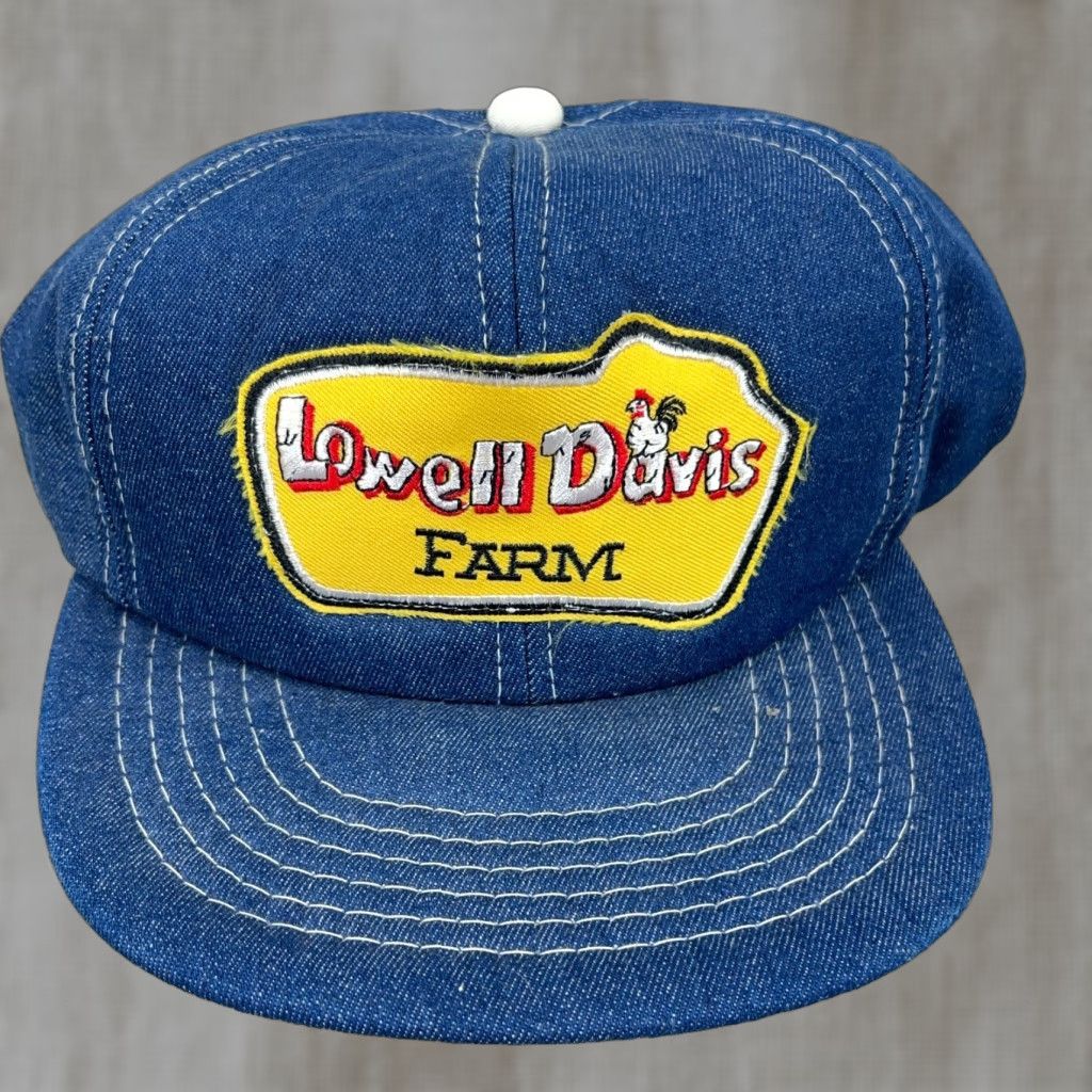 Vintage VINTAGE Denim Trucker Hat Snapback Cap 80s 90s Lowell Davis Farm Patch Logo Jean Yupoong Men Adjustable Blue Size US 35 - 1 Thumbnail