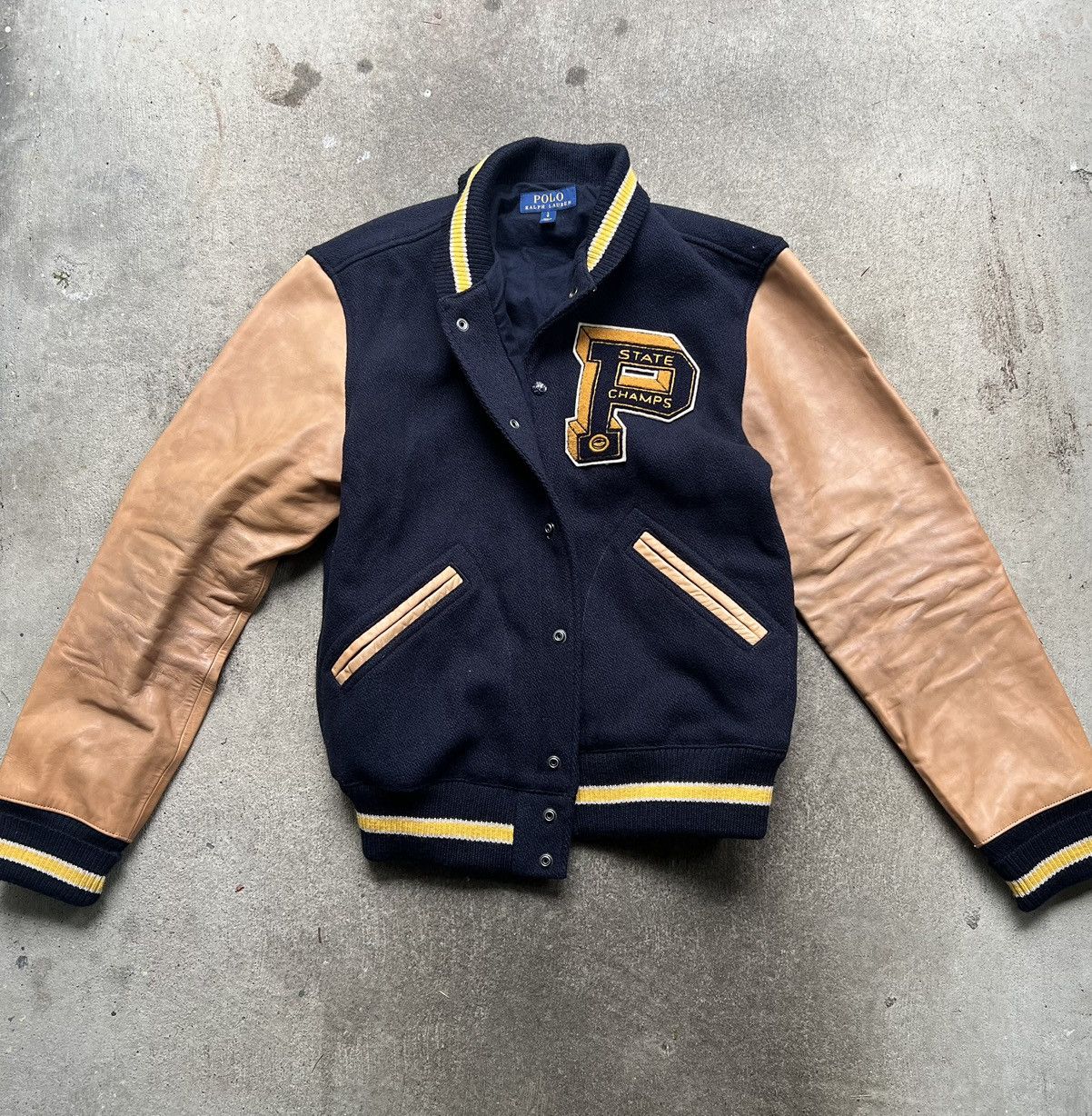 image of Polo Ralph Laurent Navy/yellow/tan Varsity Leather Jacket, Men's (Size Large)