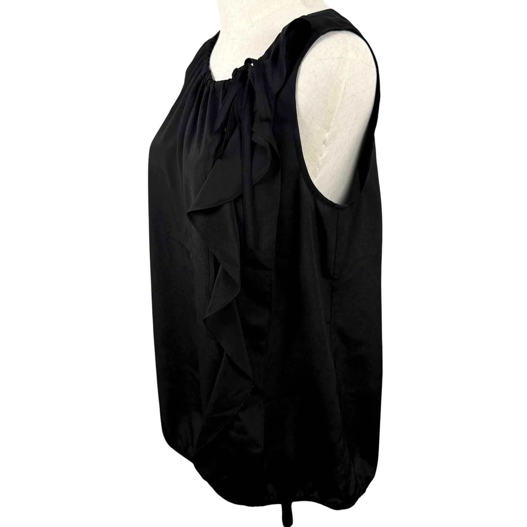 Ann Taylor VINTAGE? No. (Skip) Ann Taylor LOFT Blouse Womens M Black Sleeveless Ruffle Tie Neck Bubble Hem Shirt Size M / US 6-8 / IT 42-44 - 2 Thumbnail
