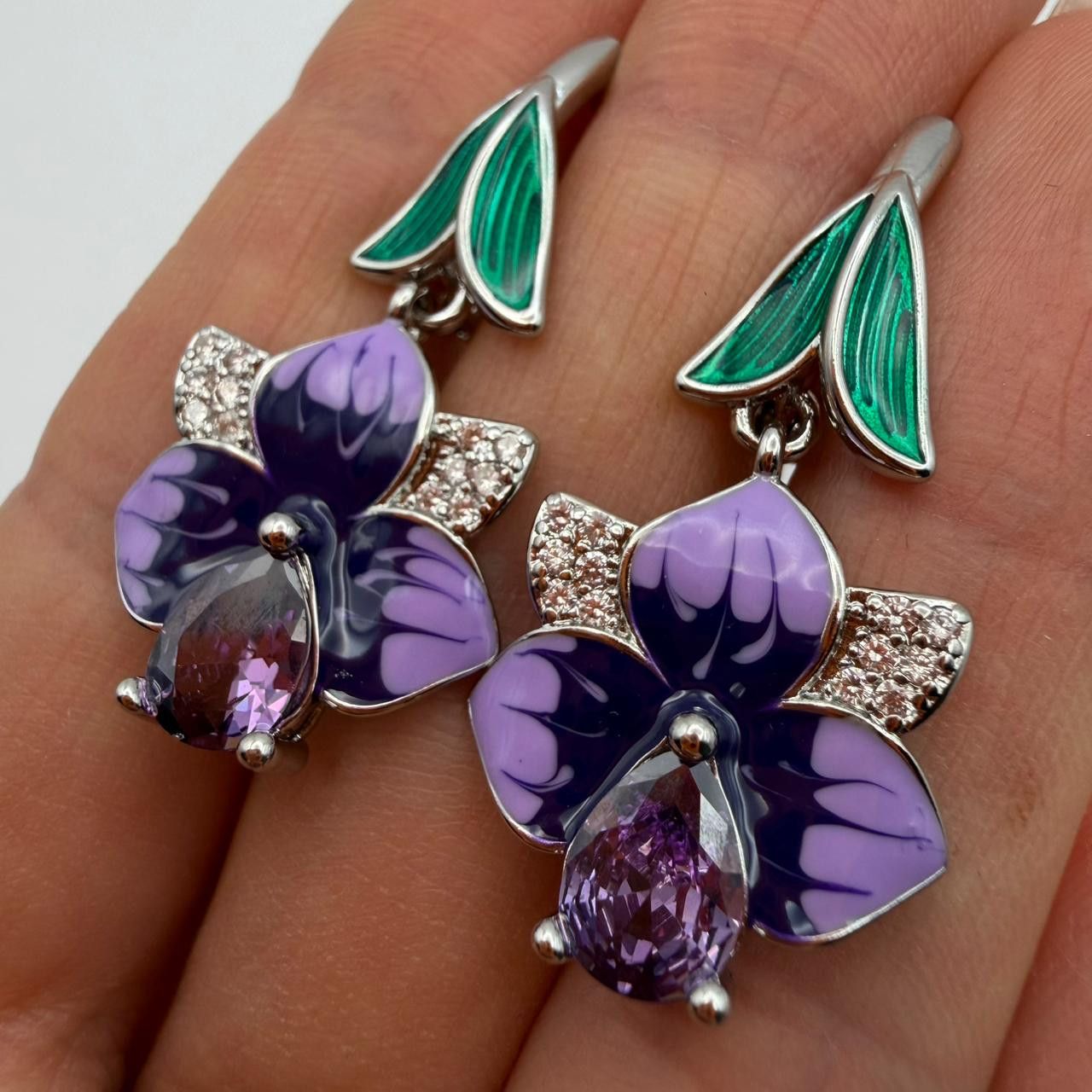 Sterling Silver 925 Sterling Silver Purple Floral Crystal Earrings Size ONE SIZE - 7 Thumbnail