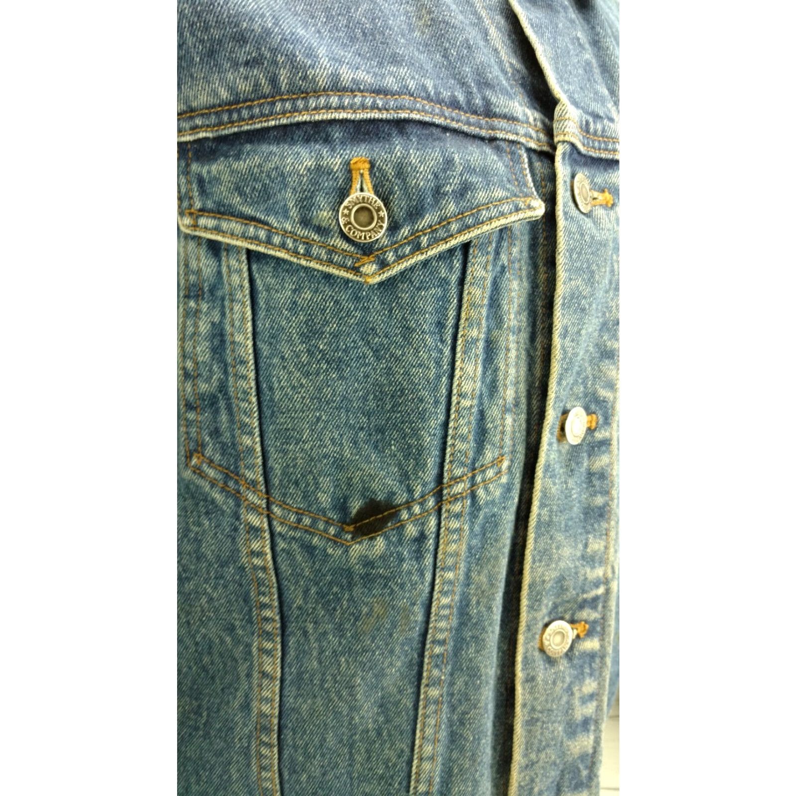 SMYTHE Smythe & Company Jean Jacket Trucker Blue Mens Size M Distressed Worn Stained Vintage? Size US 31 - 5 Thumbnail