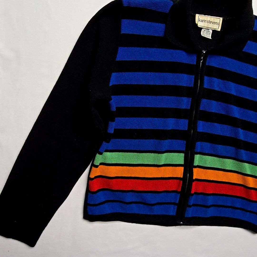 Vintage Vintage Karin Stevens Striped Rainbow L Full Zip Cardigan Size L / US 10 / IT 46 - 4 Thumbnail