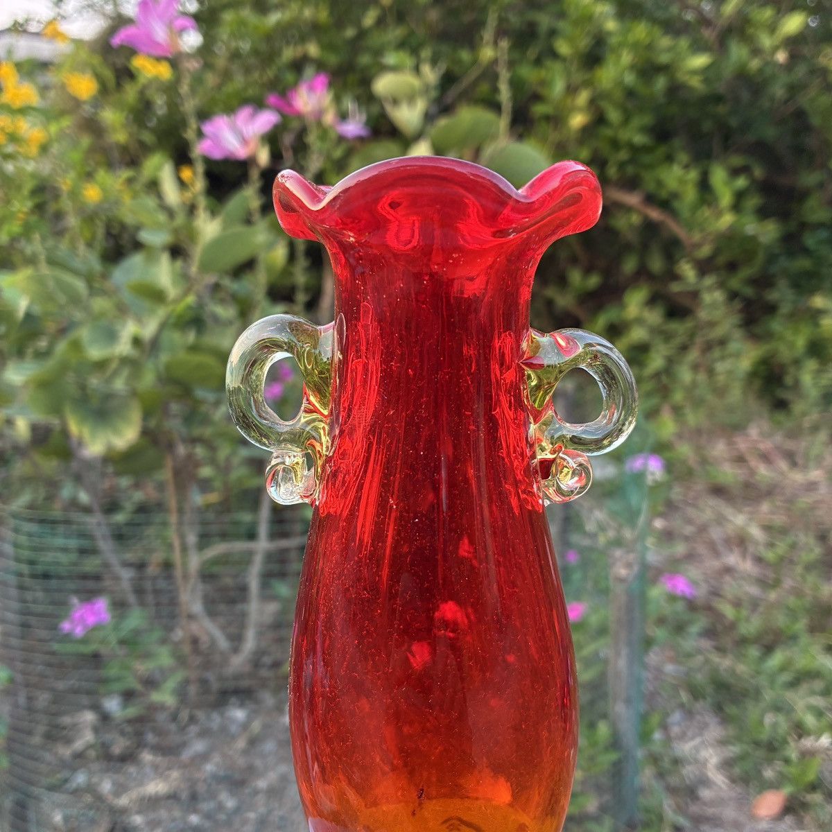 Other Vintage Amberina Glass Vase Applied Clear Mid Century Size ONE SIZE - 7 Thumbnail