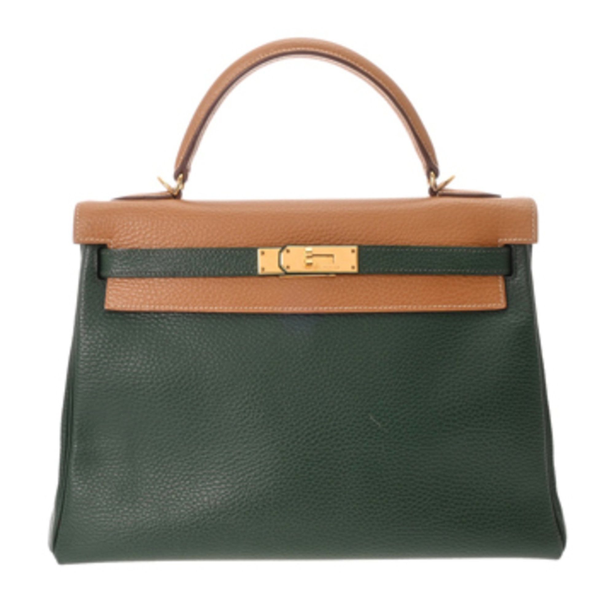HERMES Kelly 32 Inner Stitching 2WAY Bicolor Natural/Green F Stamp (around 2002) Women's Ardennes Handbag