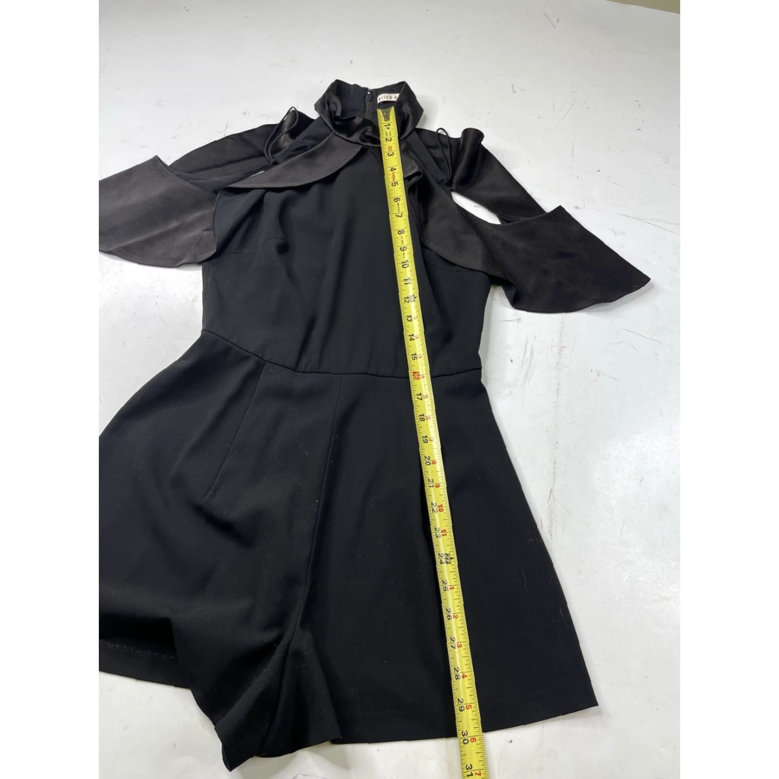 Alice + Olivia Alice + Olivia Rosaline High Neck Satin Ruffle Cold Shoulder Pleated Romper 4 Black Women Romper Satin Ruffle High Neck Pleated Cold Shoulder 4 Womens Size 27" / US 4 / IT 40 - 5 Thumbnail