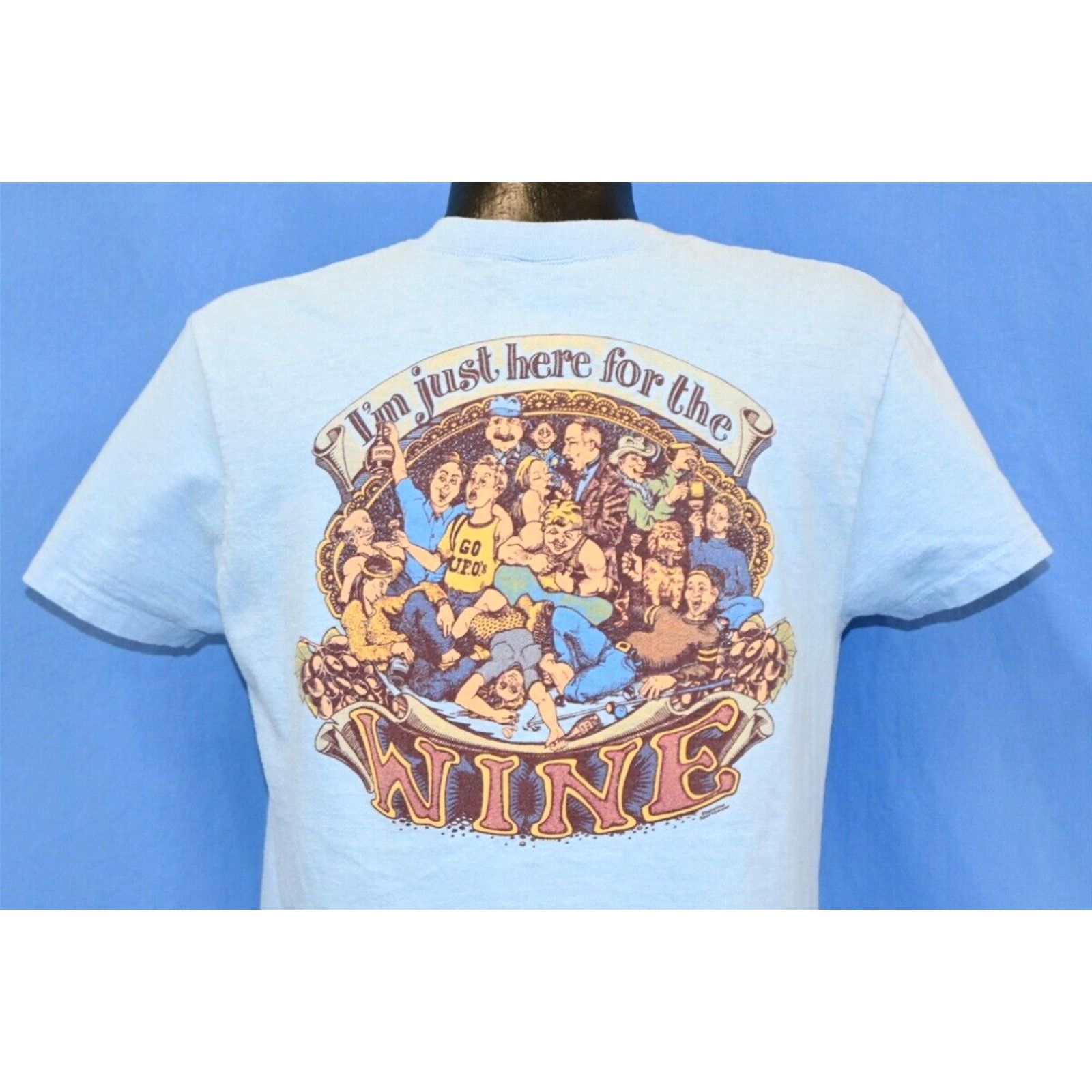 image of Hereu Vintage 80's Wings N Things Im Just Here For The Wine Pocket T-Shirt Medium M in White, Men's