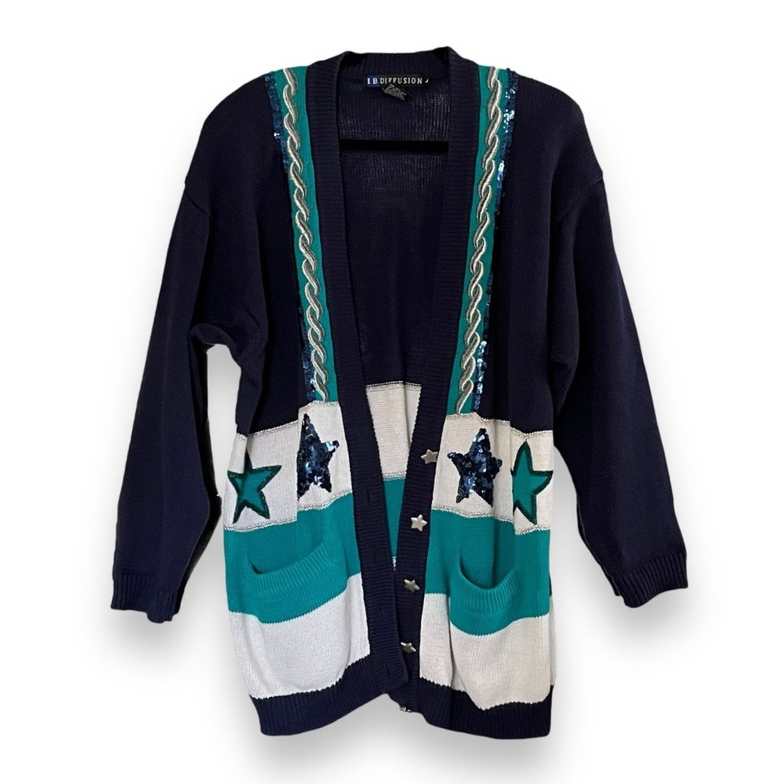 Vintage VTG 80s 90s IB Diffusion boyfriend cardigan sweater pockets Size L / US 10 / IT 46 - 4 Thumbnail