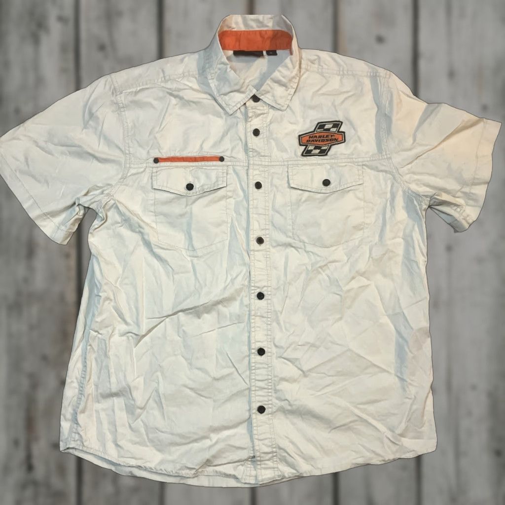 VINTAGE Harley-Davidson Button-Down Shirt Beige Men’s Size XL Patches Short Sleeve Regular Fit Cotton Woven Shirt with Pockets Biker Motorcycle Band