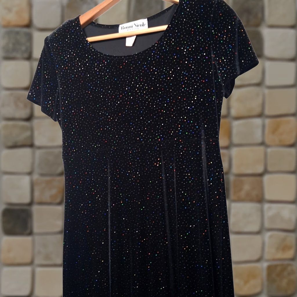Velour VINTAGE Ronni Nicole Maxi Dress 6P Black Velour Rainbow Glitter Whimsical 90s Party Cocktail Wedding Womens Girls Size M / US 6-8 / IT 42-44 - 1 Thumbnail