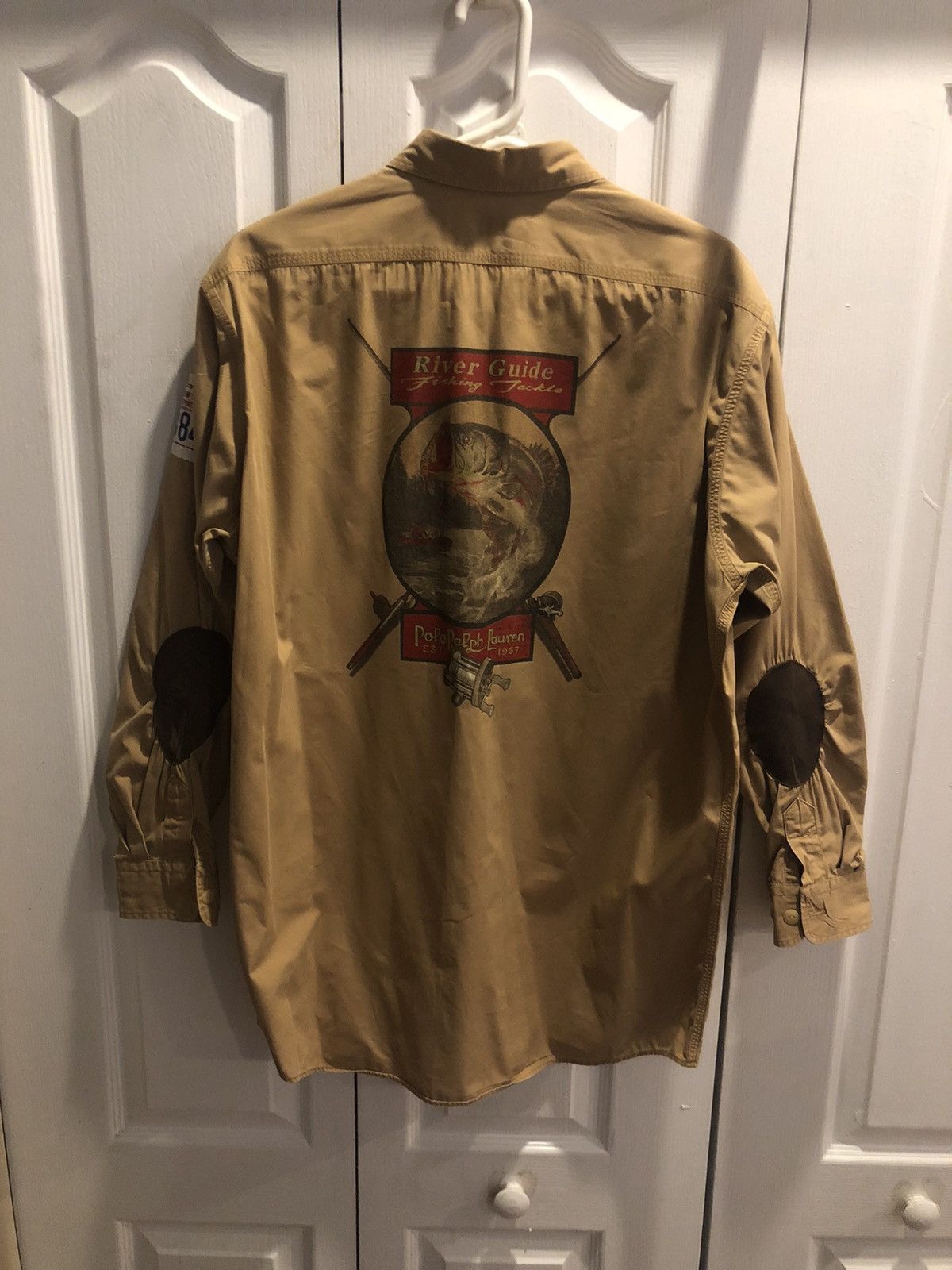 image of 80's Polo Ralph Laurent Fishing Guide Polo Shirt in Khaki, Men's (Size Medium)