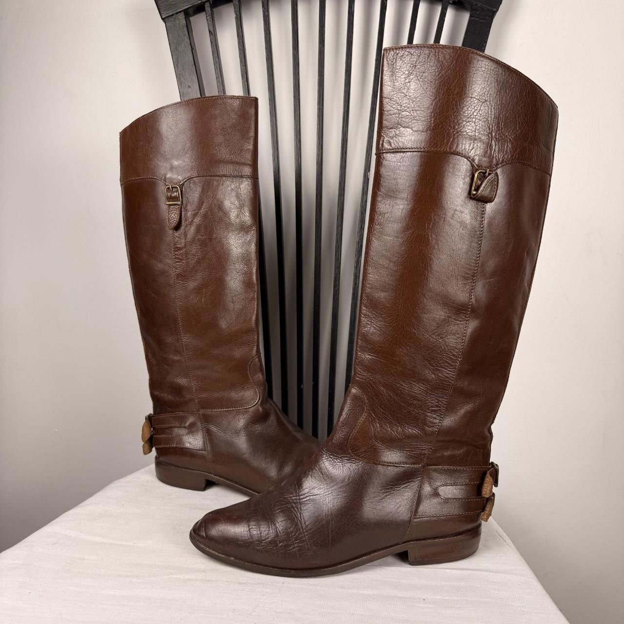 Designer dark brown leather knee high boots vintage riding style | Grailed