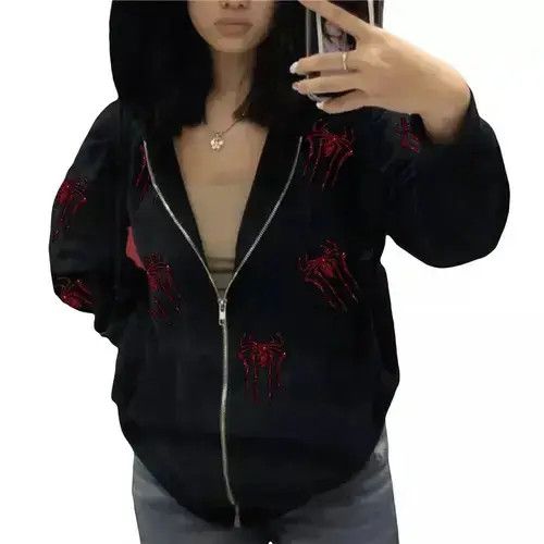 Japanese Brand Rhinestone Zip y2k Hoodie Spider Web Gothic Punk Style Size US M / EU 48-50 / 2 - 2 Thumbnail