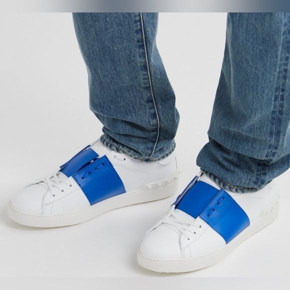 image of Valentino Garavani White & Blue Calfskin Open Sneakers, Men's (Size 12)