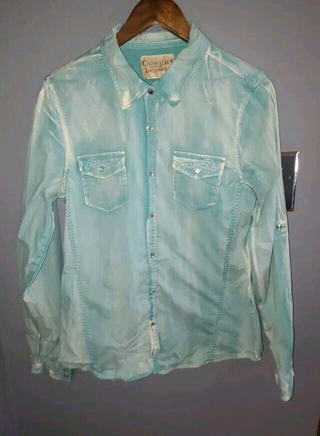 Designer Cowgirl Legend Vtg Western Rhinestone Teal Fade Large Size L / US 10 / IT 46 - 1 Thumbnail