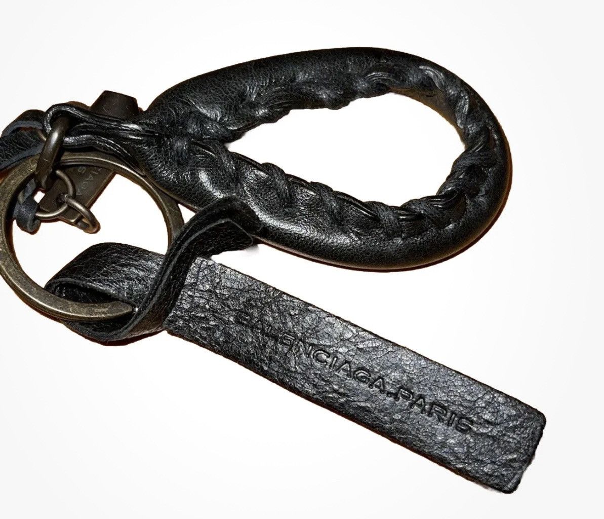 image of Balenciaga Black Leather Bag Charm Key Ring, Women's