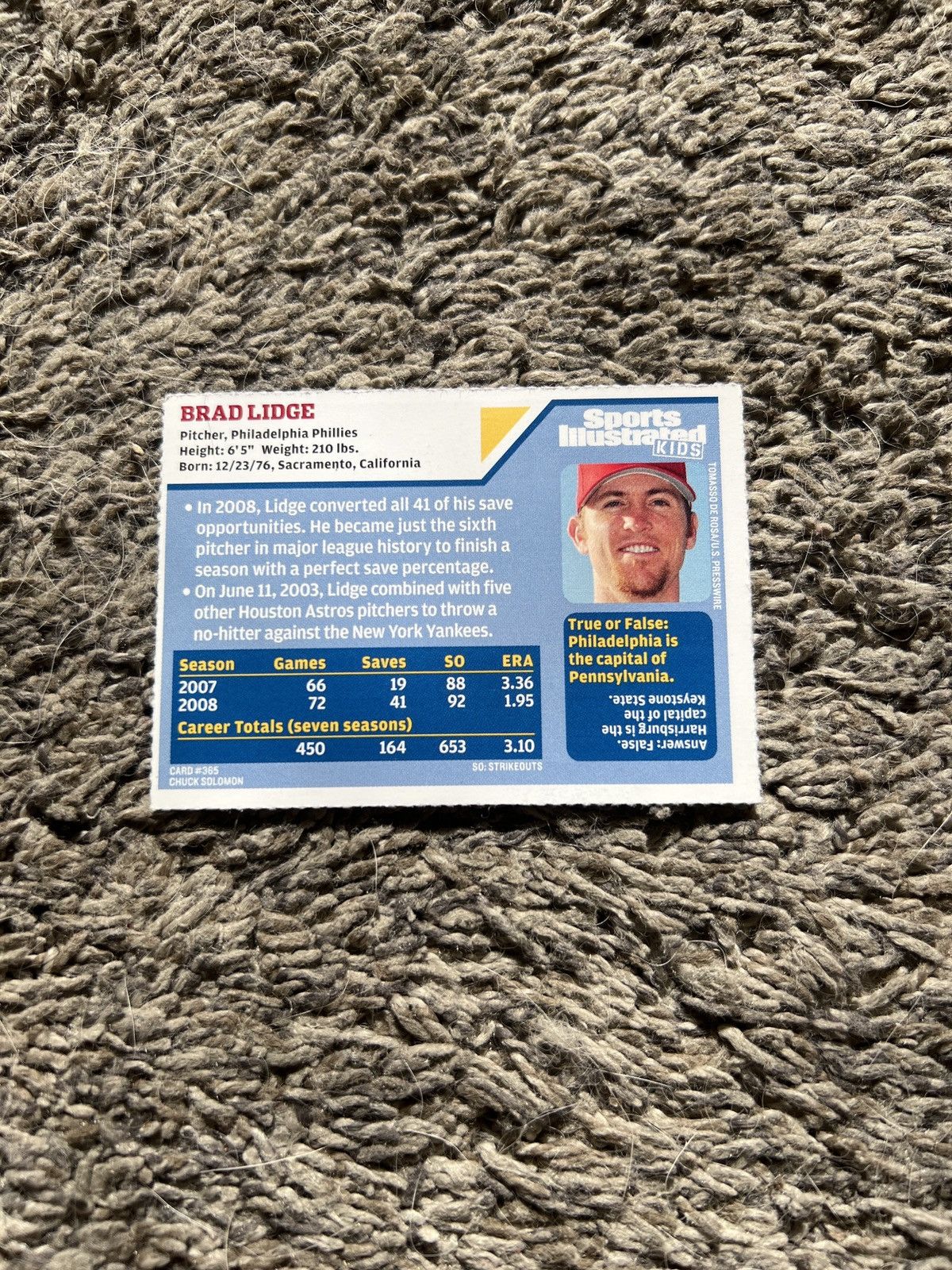 MLB 2008 Sports Illustrated Kids #365 Brad Lidge Card Size ONE SIZE - 2 Thumbnail