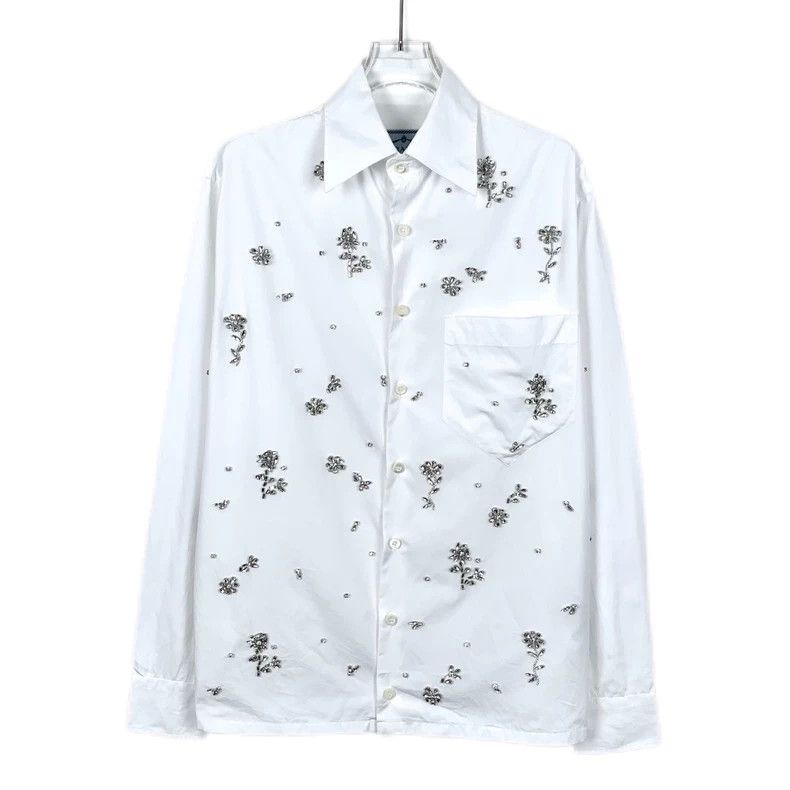 Prada PradaWhite flower diamond-inlaid cotton lapel long-sleeved Size US S / EU 44-46 / 1 - 1 Thumbnail