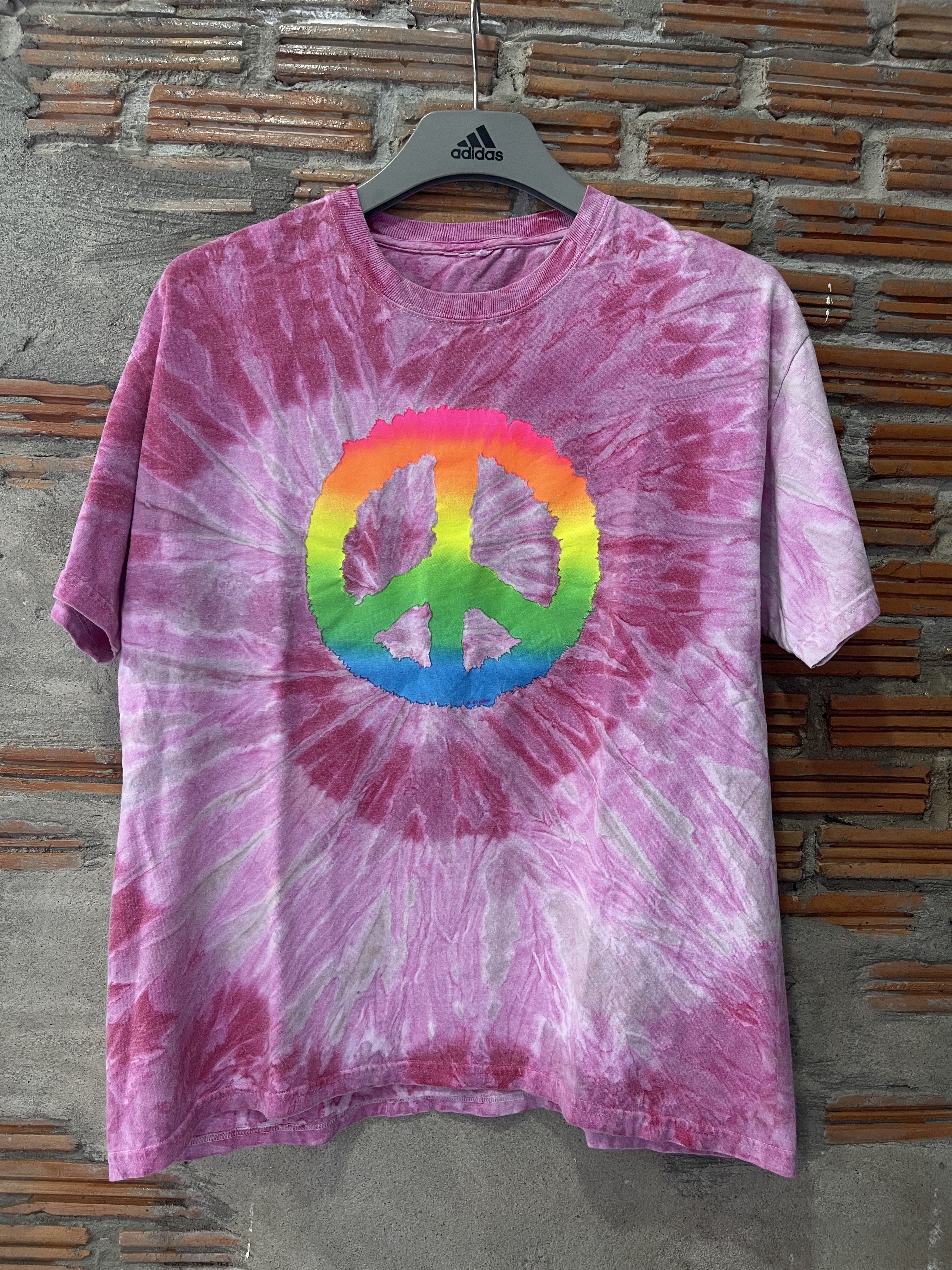 Vintage Vintage 90s Pink Tie Dye Peace Sign T-Shirt Rainbow Neon Size US L / EU 52-54 / 3 - 6 Thumbnail