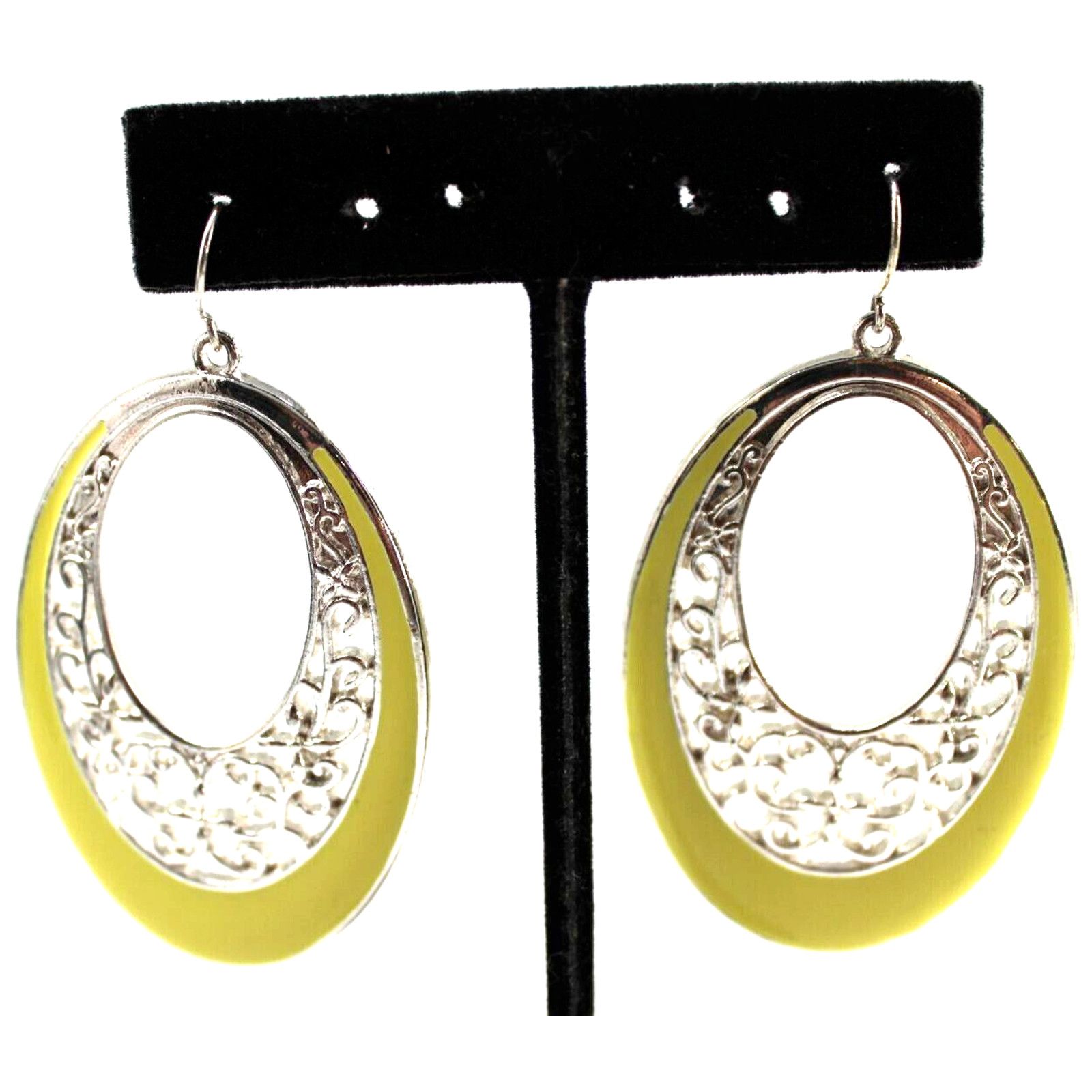 Other Pale Yellow Enamel Earrings • Oval Hoop • 2-1/2" •Silvertone Size ONE SIZE - 1 Thumbnail