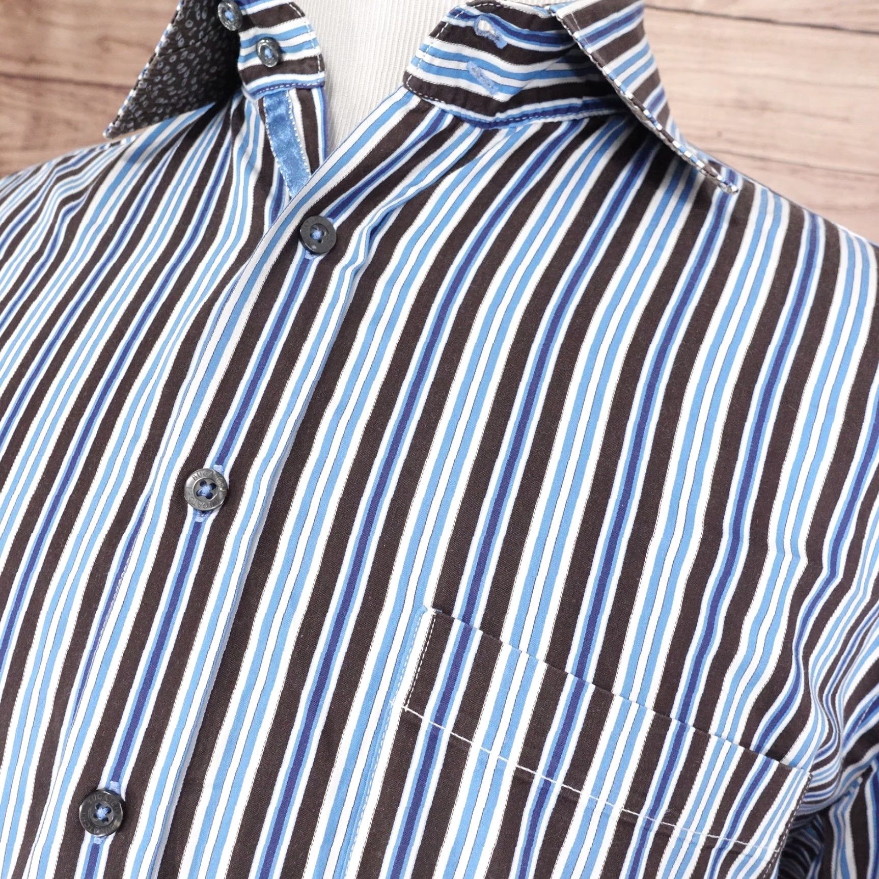 BUGATCHI VINTAGE Bugatchi Uomo Shirt Mens 2XL Long Sleeve Cotton Blue Brown Striped Business Casual Modern Fit Size US XXL / EU 58 / 5 - 2 Thumbnail