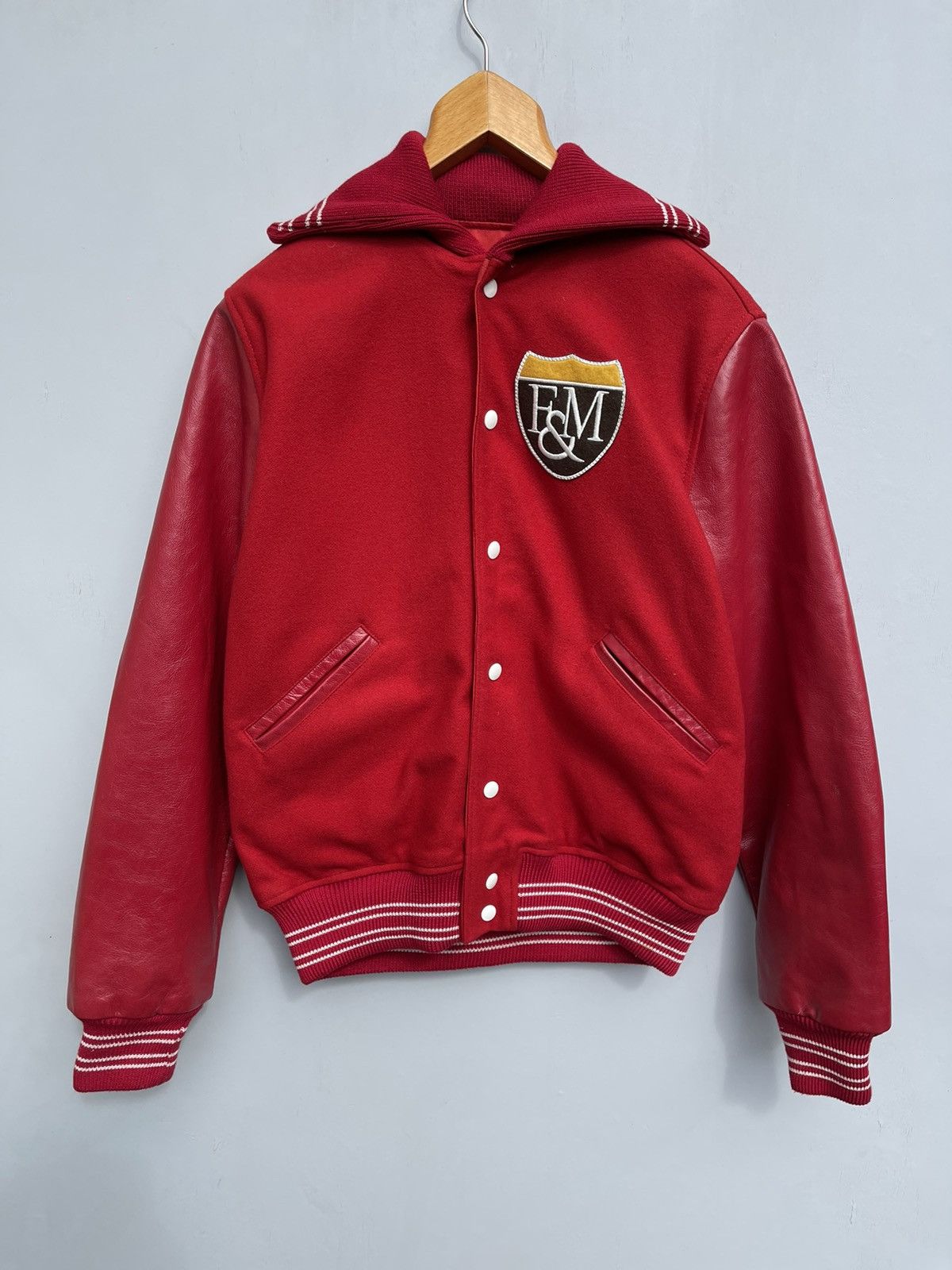 image of Franklin Marshall x Varsity Jacket Franklin & Marshall Reversible Varsity Leather Jacket in Red (Si
