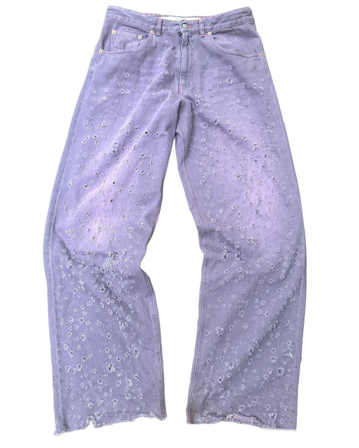 image of Maison Margiela Mm6 Distressed Wide Cut Denim In Taupe Size 30 in Purple, Men's