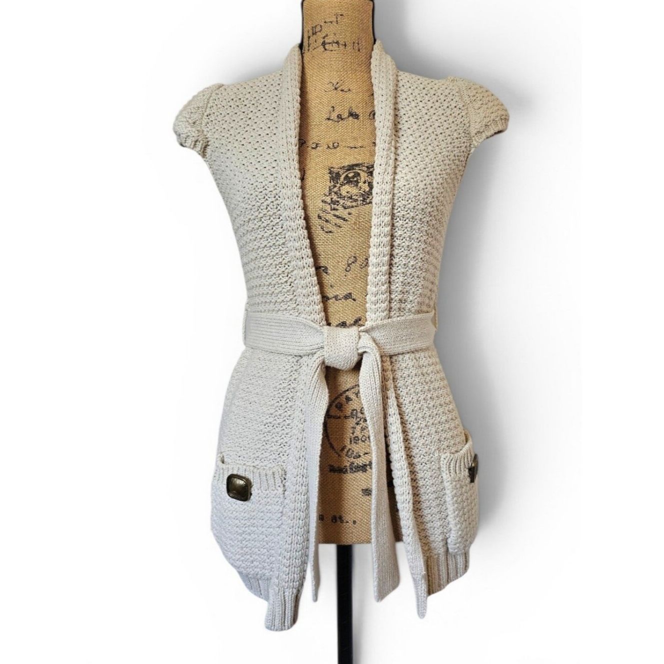 American Rag American Rag Cream Knit Short-Sleeve Belted Knit Cardigan F Size XS / US 0-2 / IT 36-38 - 1 Thumbnail