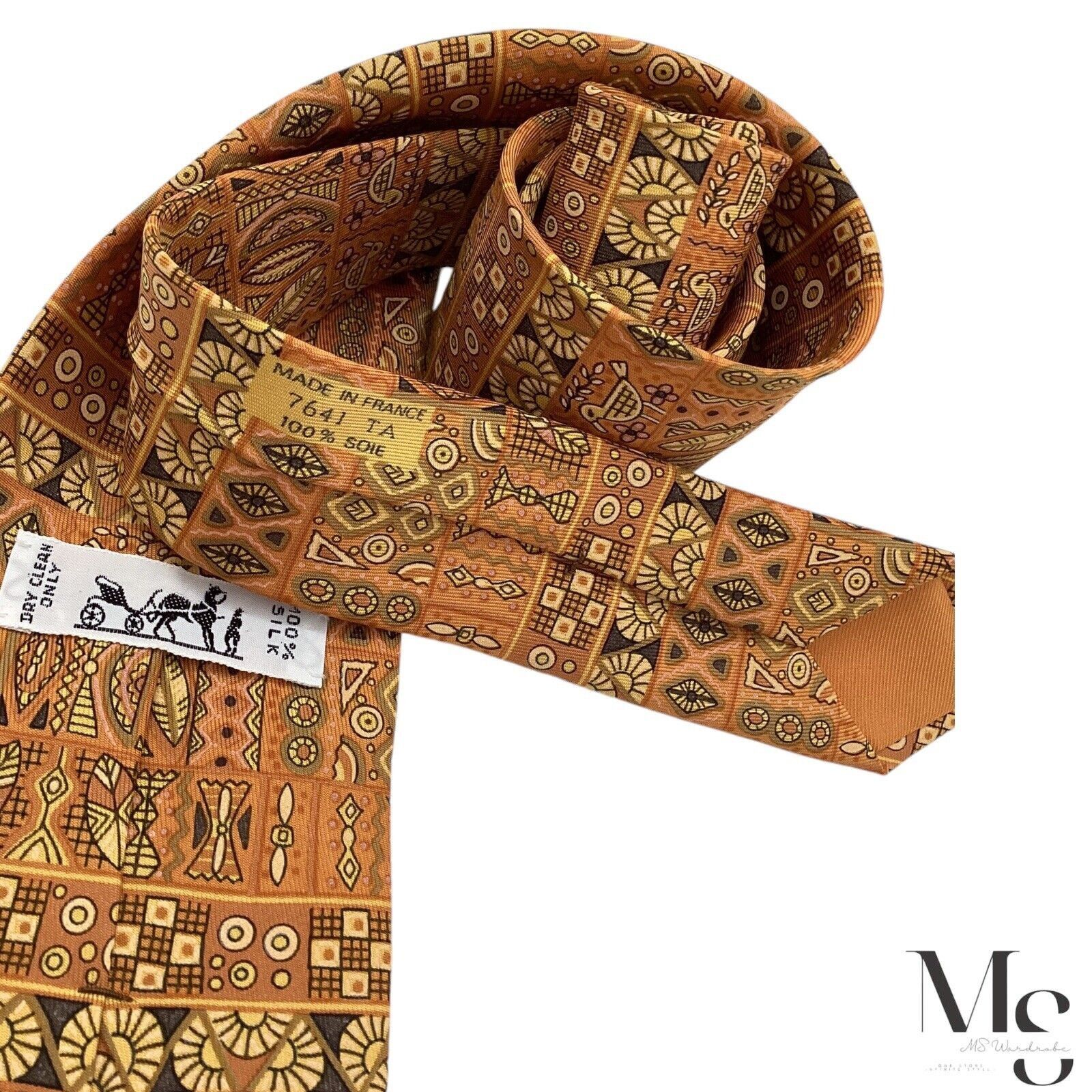 Hermes HERMES PARIS 7641 TA Orange Heiroglyphics Pattern Silk Tie F Size ONE SIZE - 5 Thumbnail