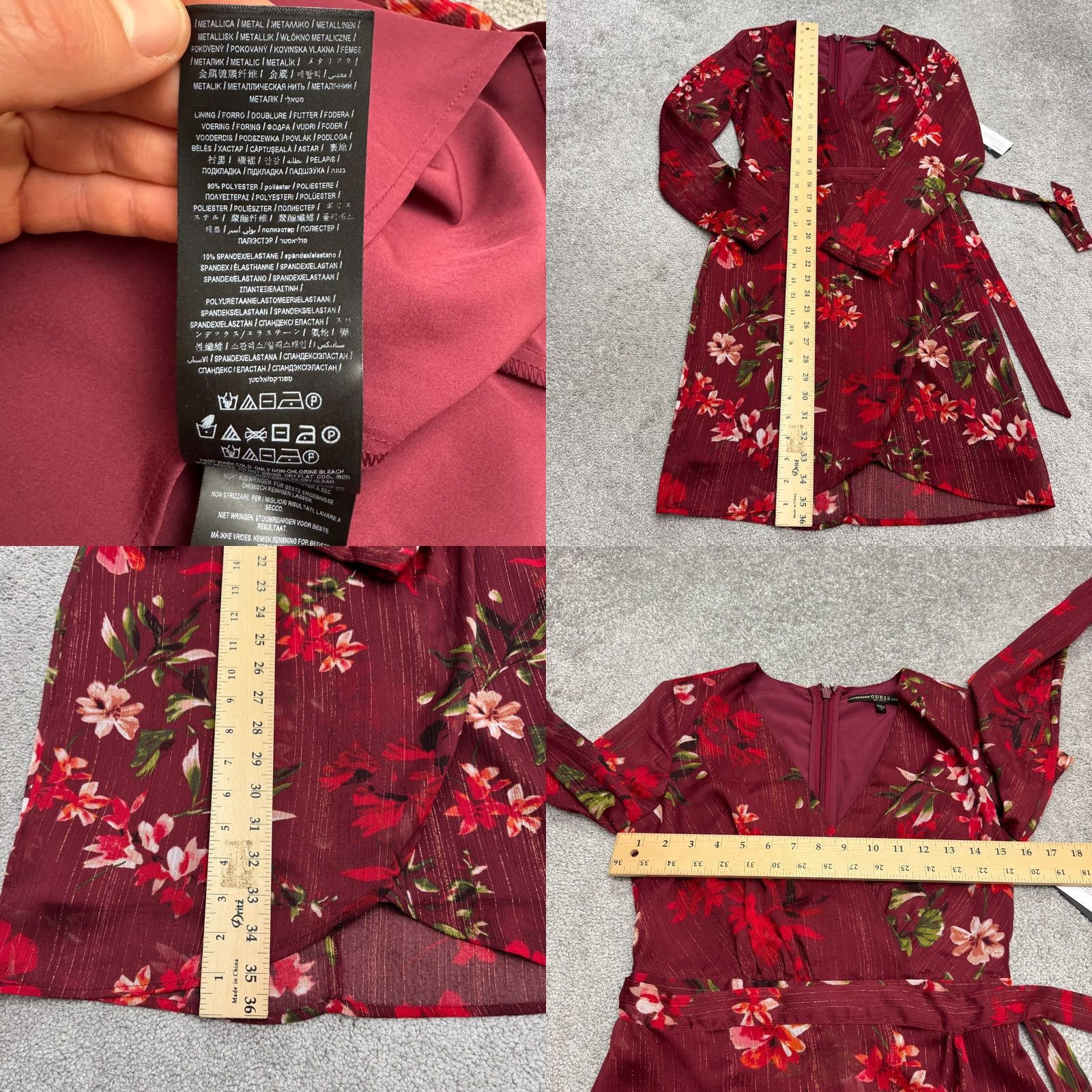 Guess GUESS Wrap Dress 0 Long Sleeve Floral Red V-Neck Knee Length NWT Size XS / US 0-2 / IT 36-38 - 9 Thumbnail