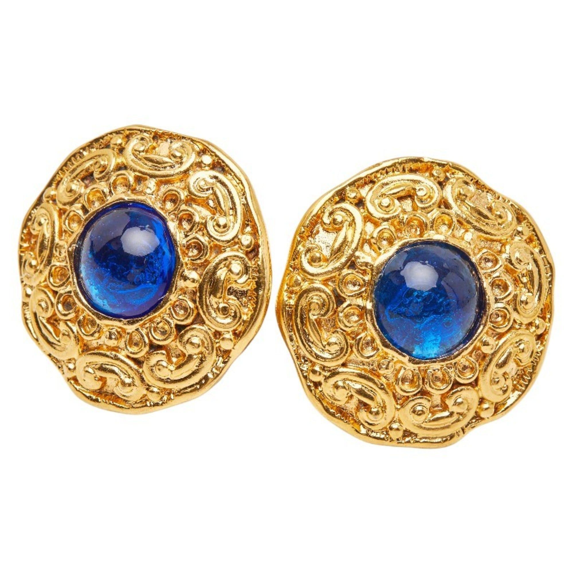 CHANEL Gripois Earrings Gold Blue Plated Glass Women's