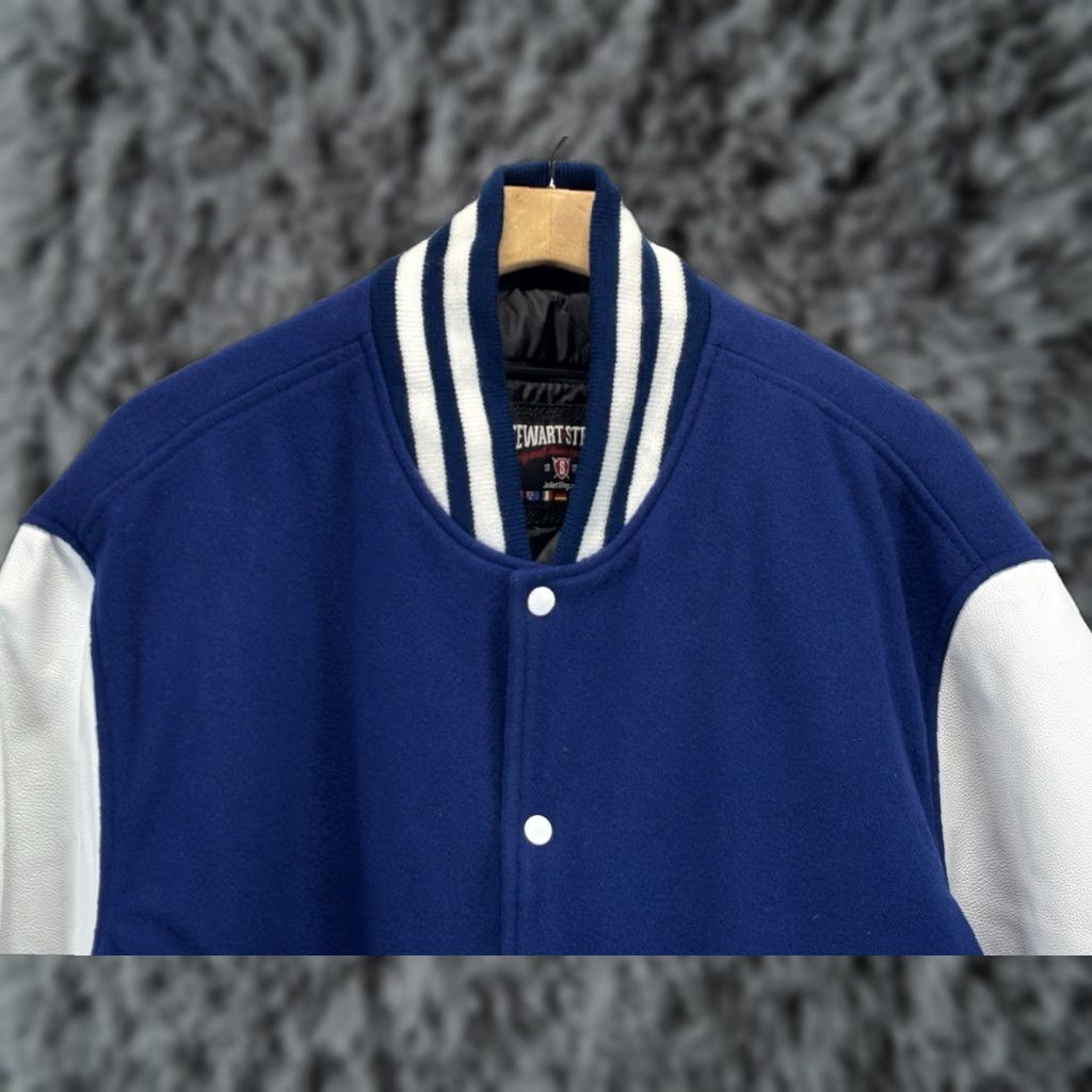 Vintage VINTAGE Stewart & Strauss Varsity Jacket Leather 2XL Blue White Wool Blend Short Snap Mens Size US XXL / EU 58 / 5 - 1 Thumbnail