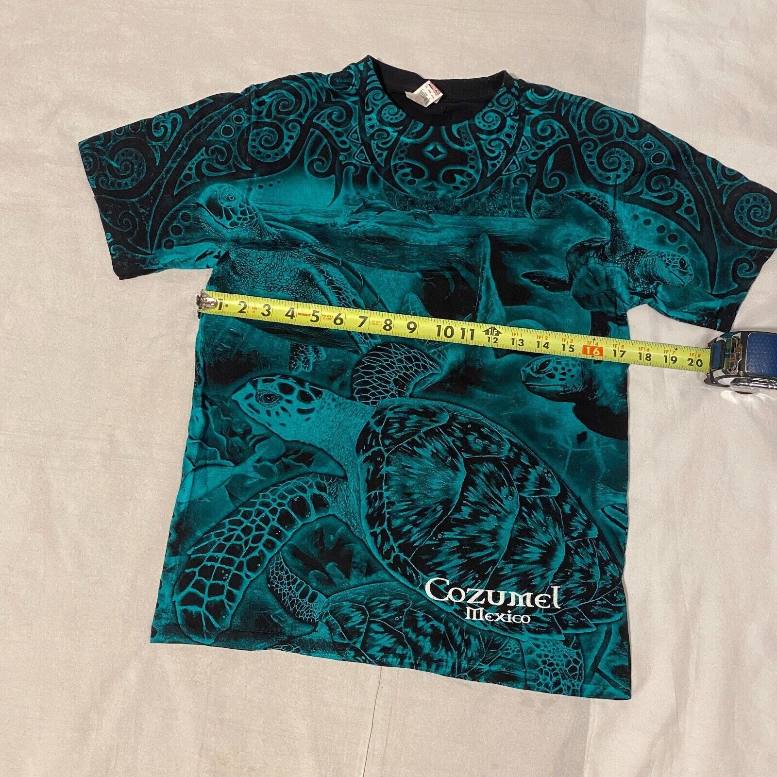 Gildan Vintage Y2K Cozumel Mexico Sea Turtles All Over Print Teal B Size US S / EU 44-46 / 1 - 3 Thumbnail
