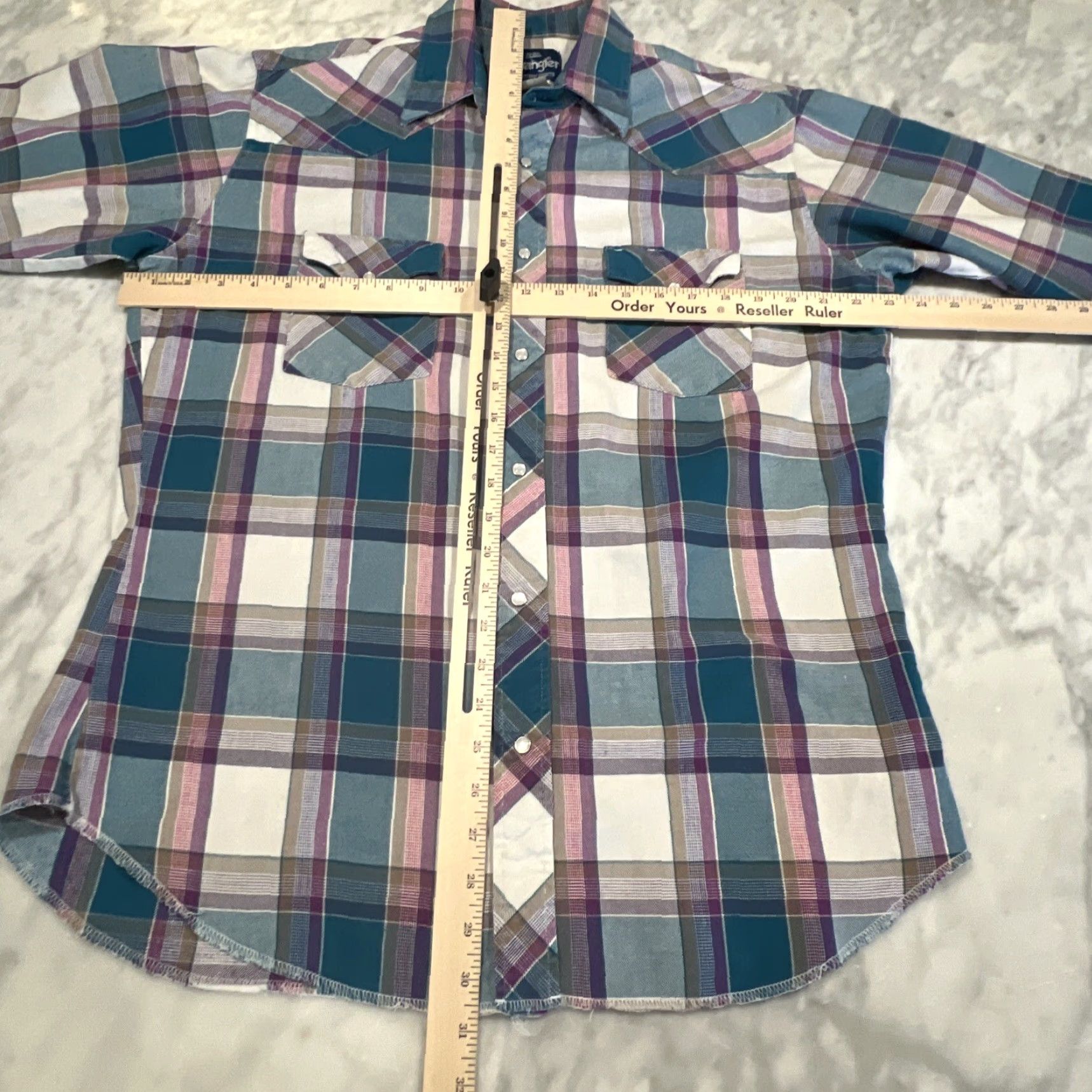 Wrangler VINTAGE Wrangler Western Pearl Snap Shirt Men Large Plaid Long Sleeve Go West Teal Pink Size US L / EU 52-54 / 3 - 6 Thumbnail