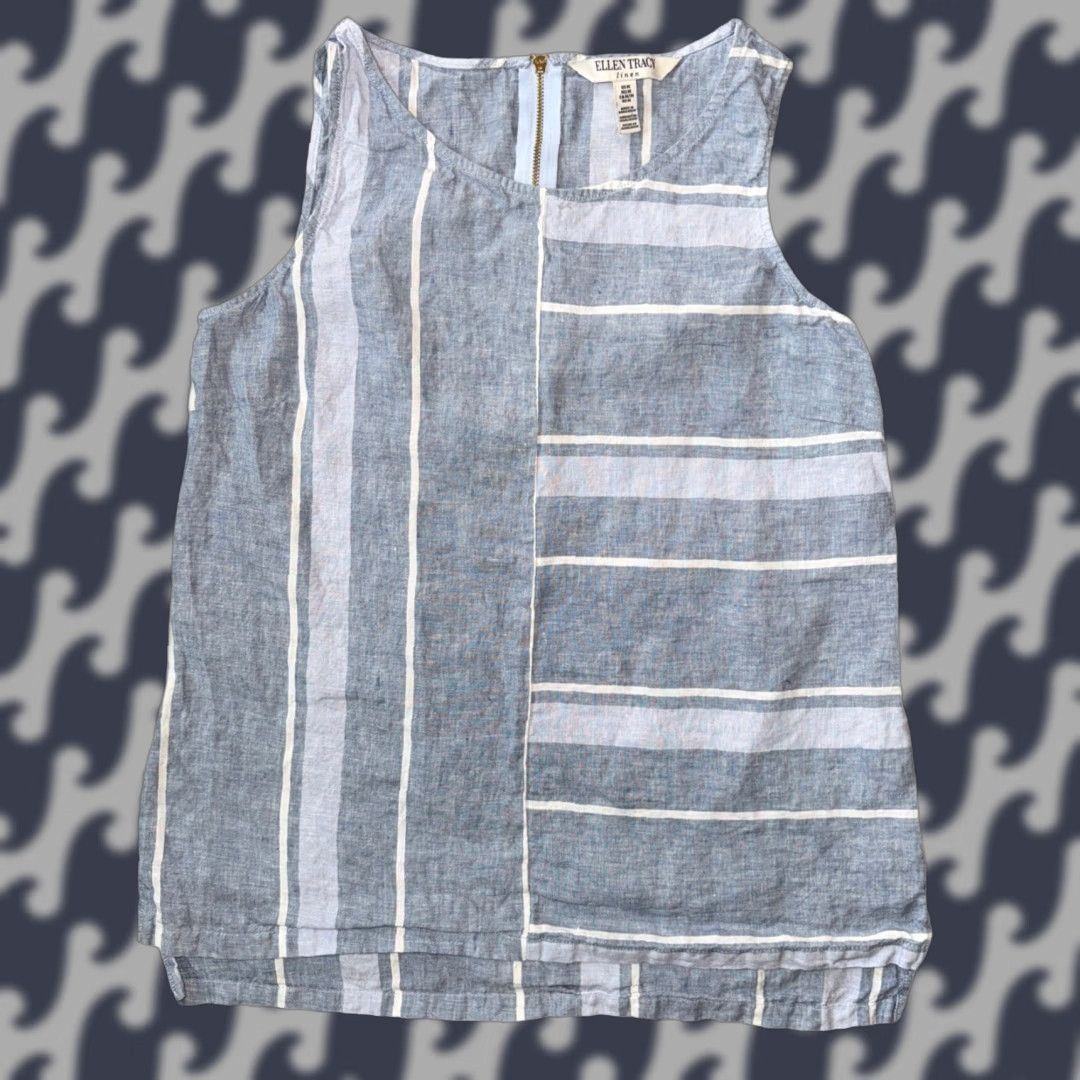 Ellen Tracy Ellen Tracy Women's Linen Striped Sleeveless Shirt Zip Back Blue White Tank M Relaxed Casual Beach Bohemian Womens Size M / US 6-8 / IT 42-44 - 1 Thumbnail