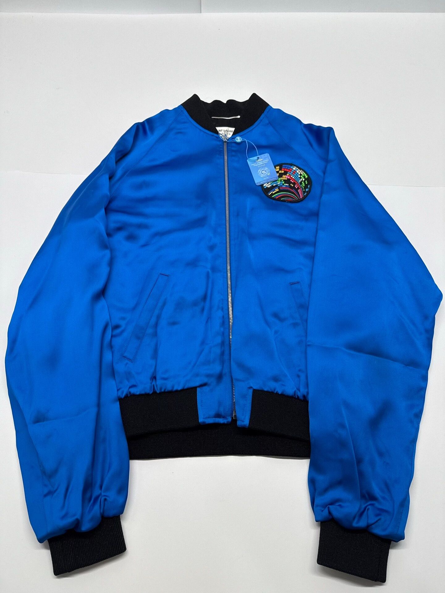 Saint Laurent Paris Saint Laurent Blue Silk Bomber Jacket Size L / US 10 / IT 46 - 1 Thumbnail