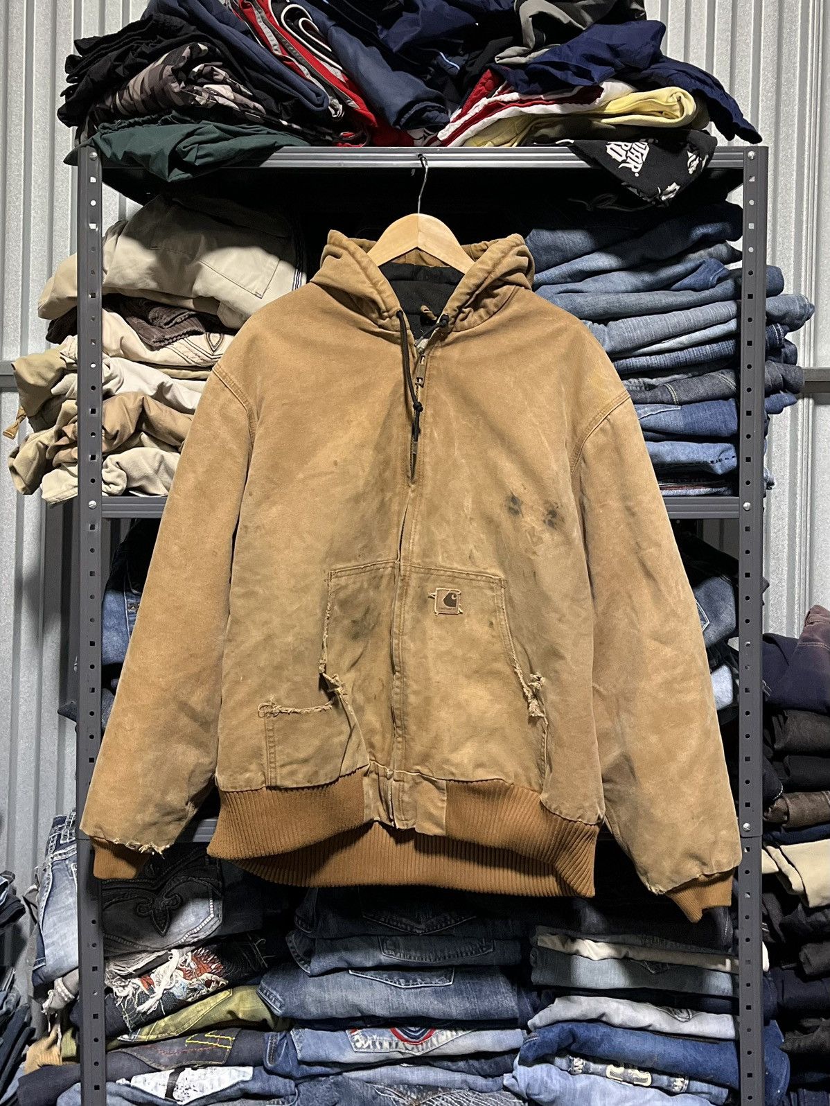 image of Crazy Vintage Thrashed Carhartt Hooded Jacket Faded Workwear in Tan, Men's (Size XL)