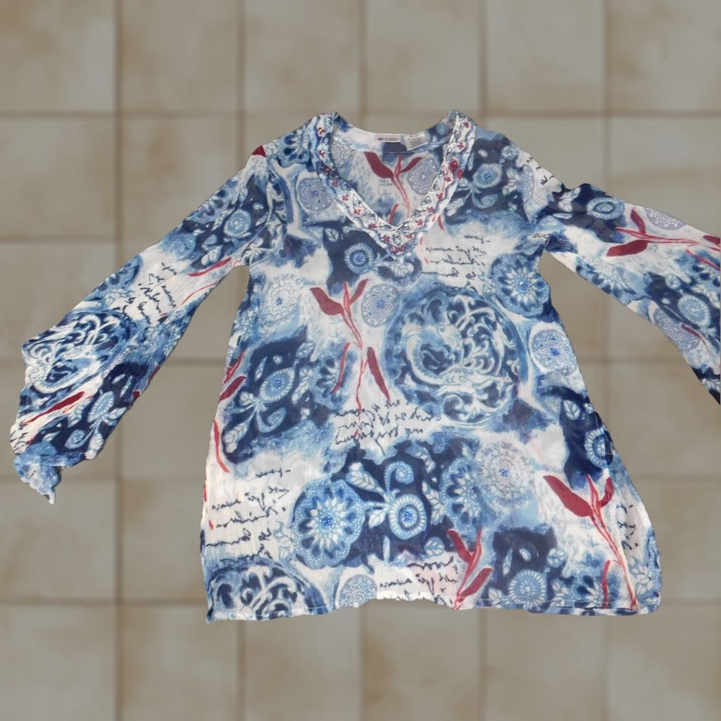 Vintage Crown & Ivy Blouse Women M Blue Floral Knit Polyester Crew Neck Long Sleeve Pullover Casual Regular Vintage No Size M / US 6-8 / IT 42-44 - 1 Thumbnail