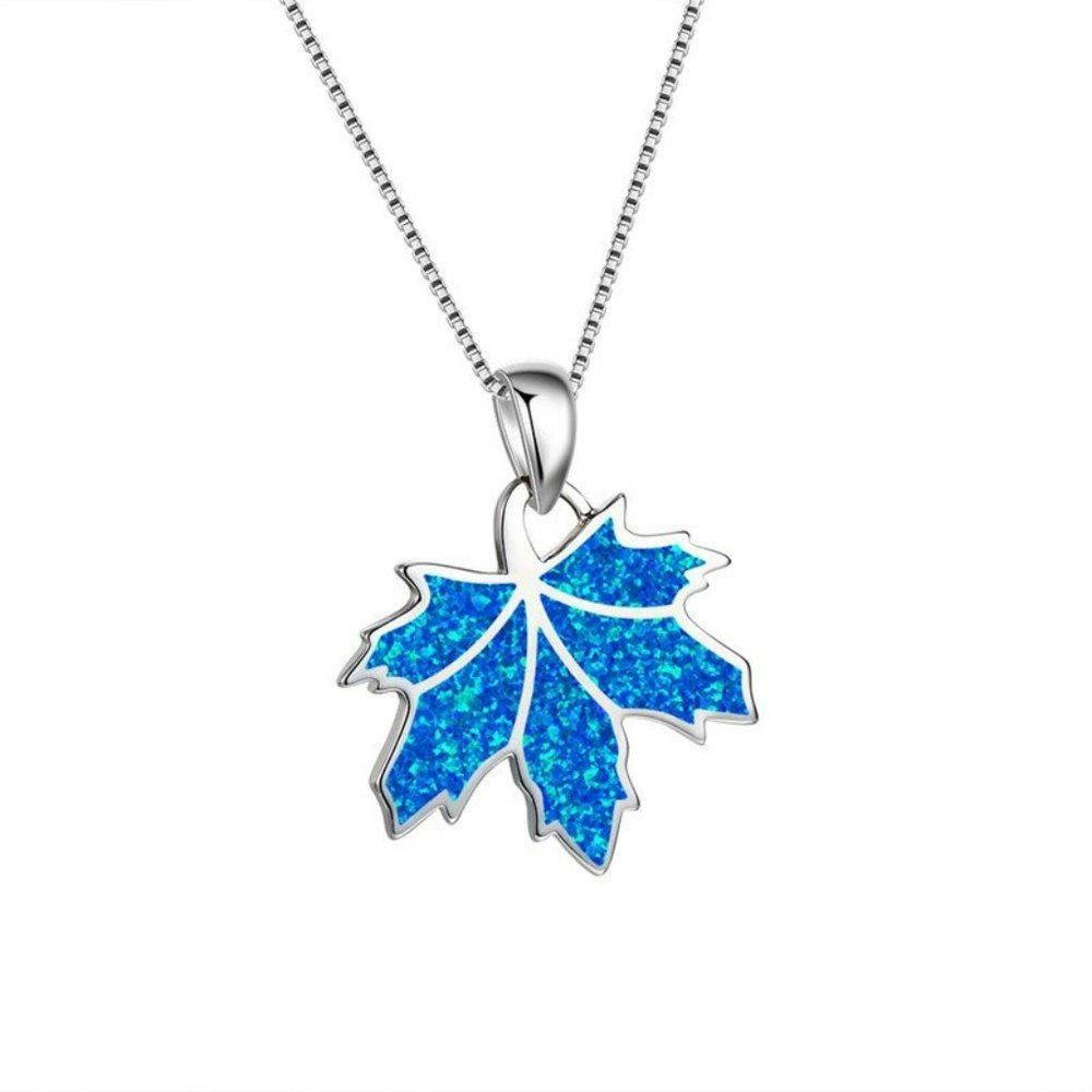 Designer Blue Opal Maple Leaf Pendant Silver Nature Necklace Size ONE SIZE - 5 Thumbnail
