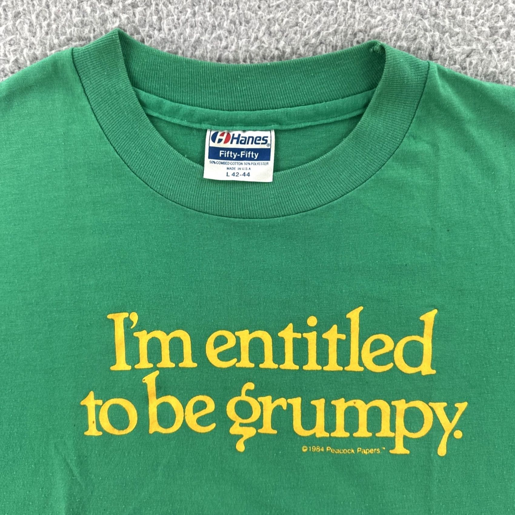 Hanes VINTAGE Hanes Fifty-Fifty L Green Single Stitch Shirt 1984 Grumpy Humor Tee 80s Mens Shirt Size US L / EU 52-54 / 3 - 5 Thumbnail