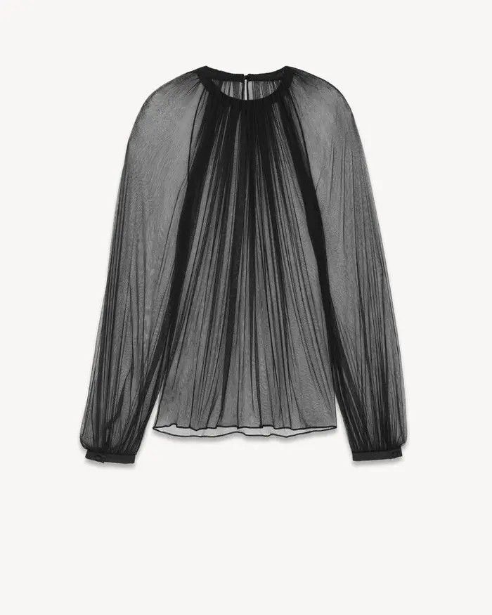 Saint Laurent Paris o1bcso1str0625 Gathered Blouse In Silk Tulle in Black Size US XS / EU 42 / 0 - 2 Thumbnail