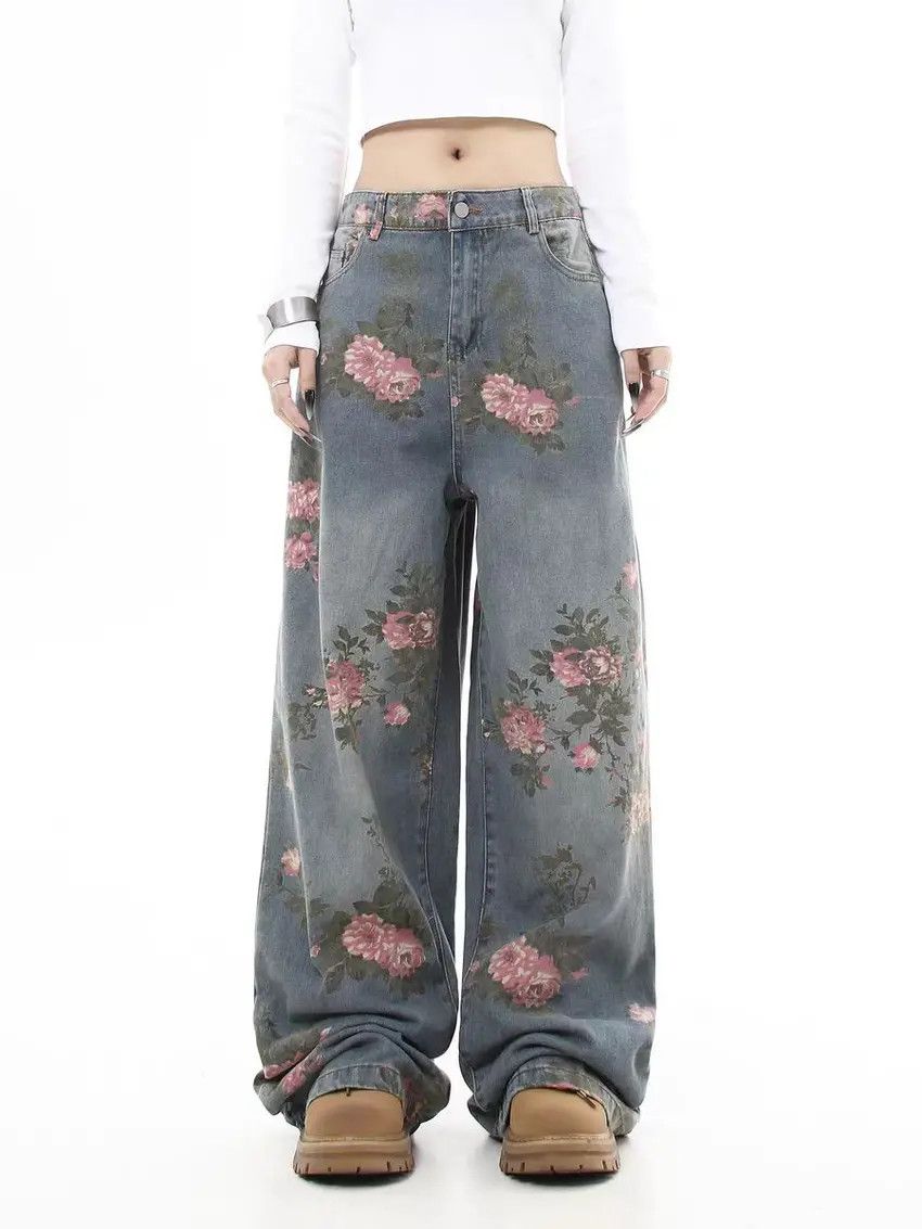 Designer × Japanese Brand Washed and aged full print straight leg baggy jeans Size US 33 - 1 Thumbnail