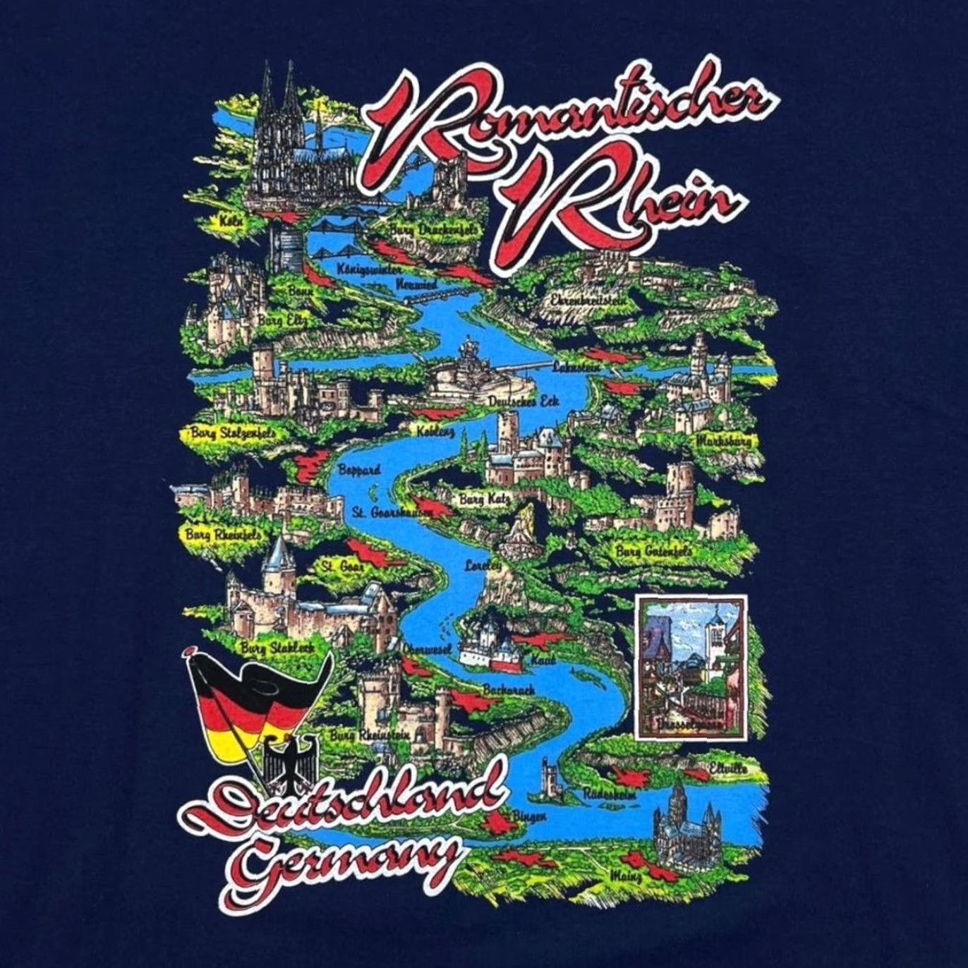 Vintage Vintage Screen Stars Romantischer Germany Souvenir Map T-Shirt XL Navy Short Sleeve T-Shirt Mens Size US XL / EU 56 / 4 - 2 Thumbnail