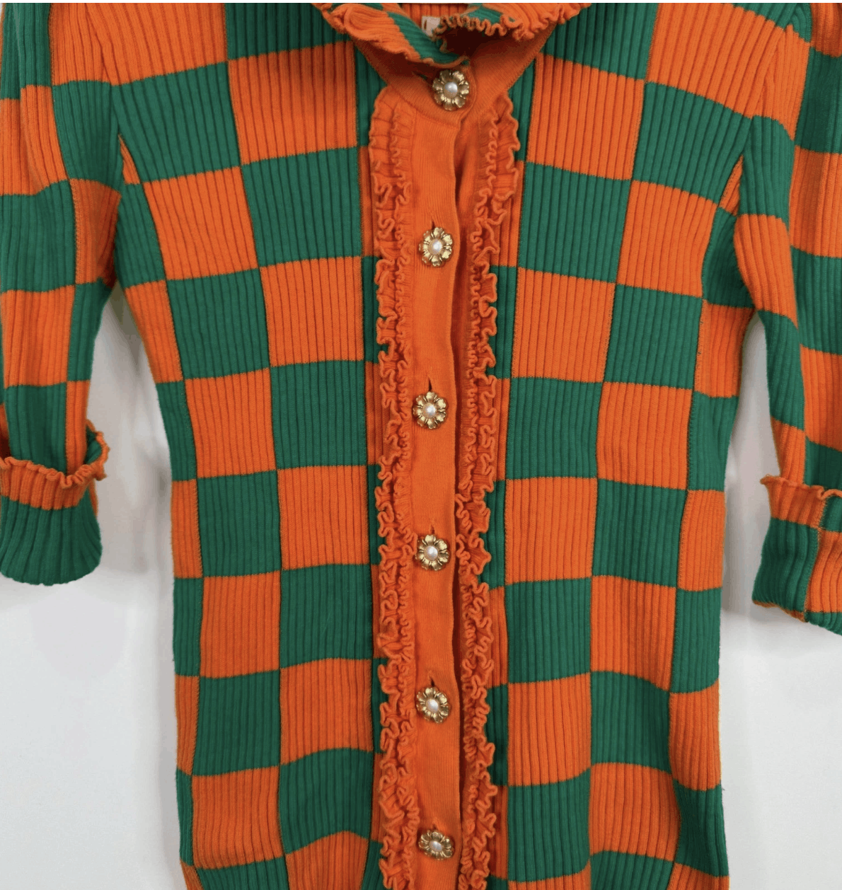 Other Motoguo Orange Green Checkered Ribbed Knit Ruffle Cardigan Size S / US 4 / IT 40 - 6 Thumbnail