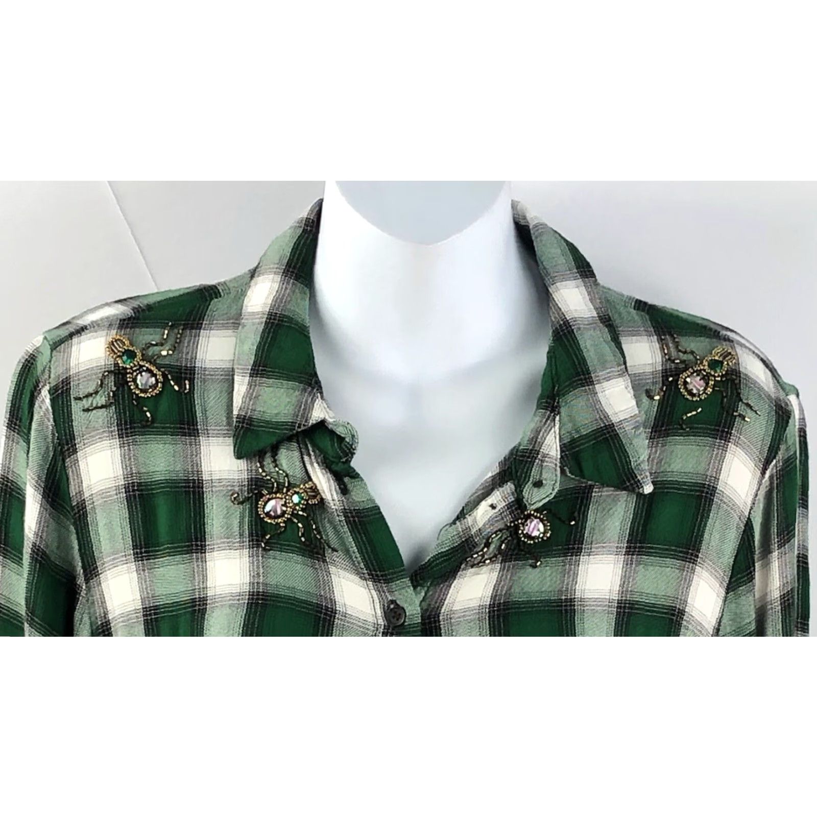 H&M VINTAGE H&M Flannel Shirt 12 Green Plaid Bead Spider Grunge Gothic Hippie Boyfriend Button-Up Women Size XL / US 12-14 / IT 48-50 - 5 Thumbnail
