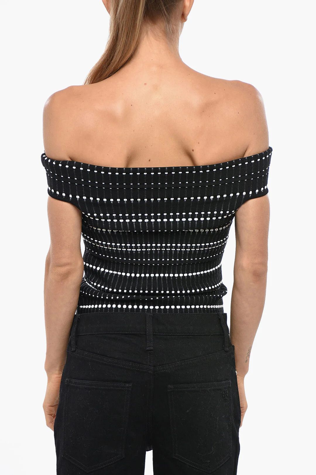 Alexander McQueen og1mm0426 Stretch-Knit Off-Shoulder Top in Black & White Size S / US 4 / IT 40 - 3 Thumbnail