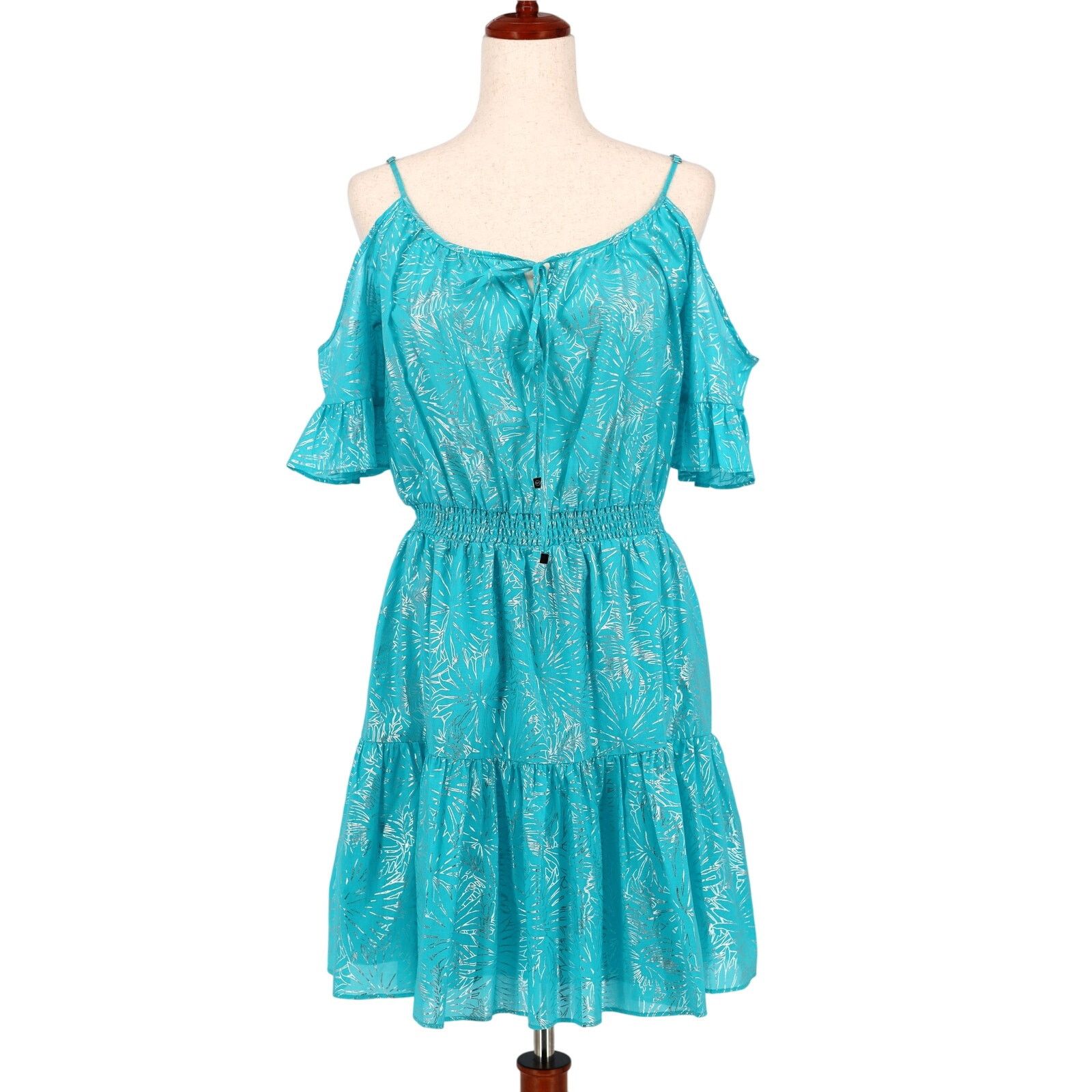Michael Kors Women Foil Turquoise Ruffle Mini Dress Size XS